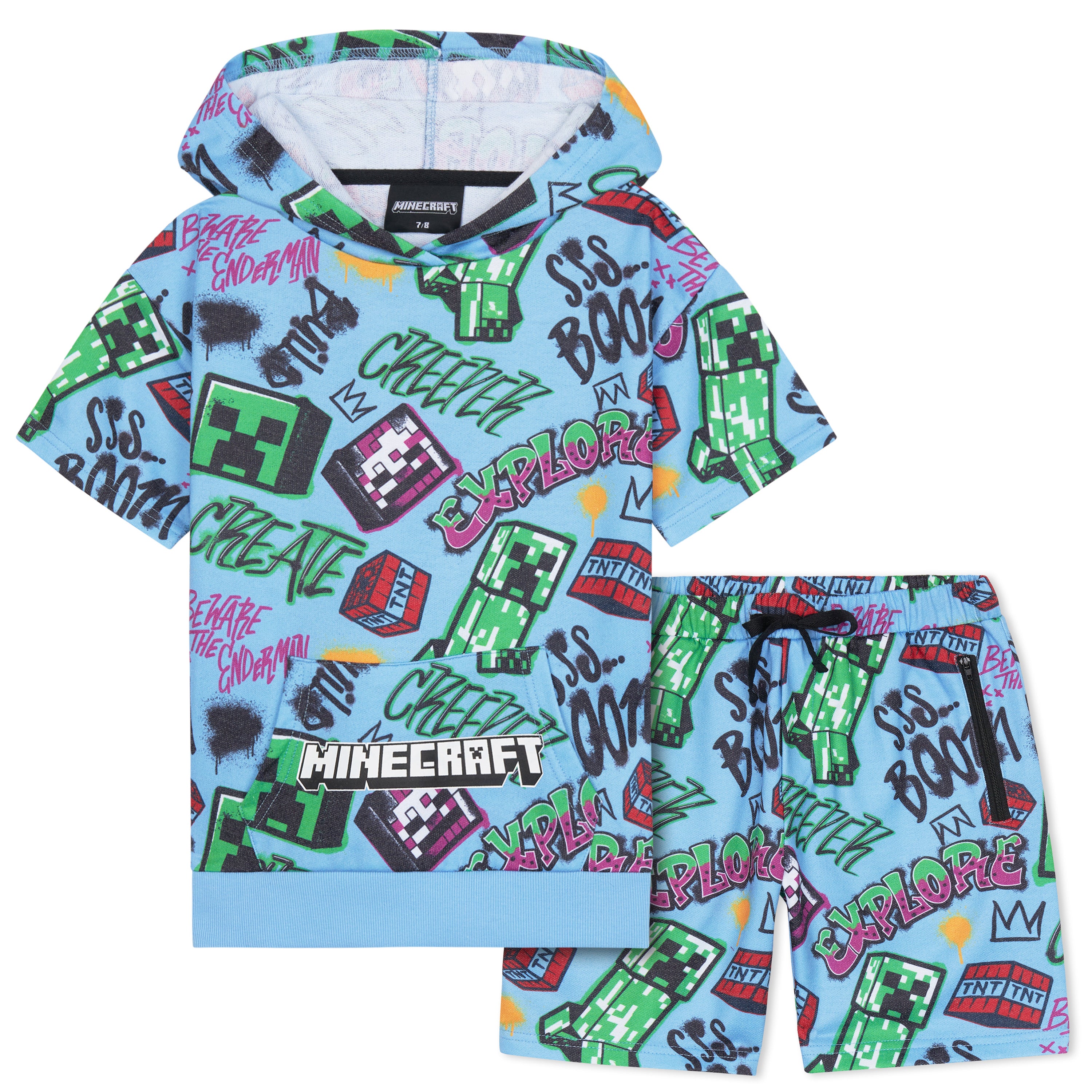 Minecraft Hoodie Shorts Tracksuit Set Boys 2 Pcs Creeper Teenagers Gamer Summer Short Sleeved Hooded Sweatshirt Zipped Pockets Sports Casual Activewear - Get Trend