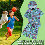 Minecraft Hoodie Shorts Tracksuit Set Boys 2 Pcs Creeper Teenagers Gamer Summer Short Sleeved Hooded Sweatshirt Zipped Pockets Sports Casual Activewear - Get Trend