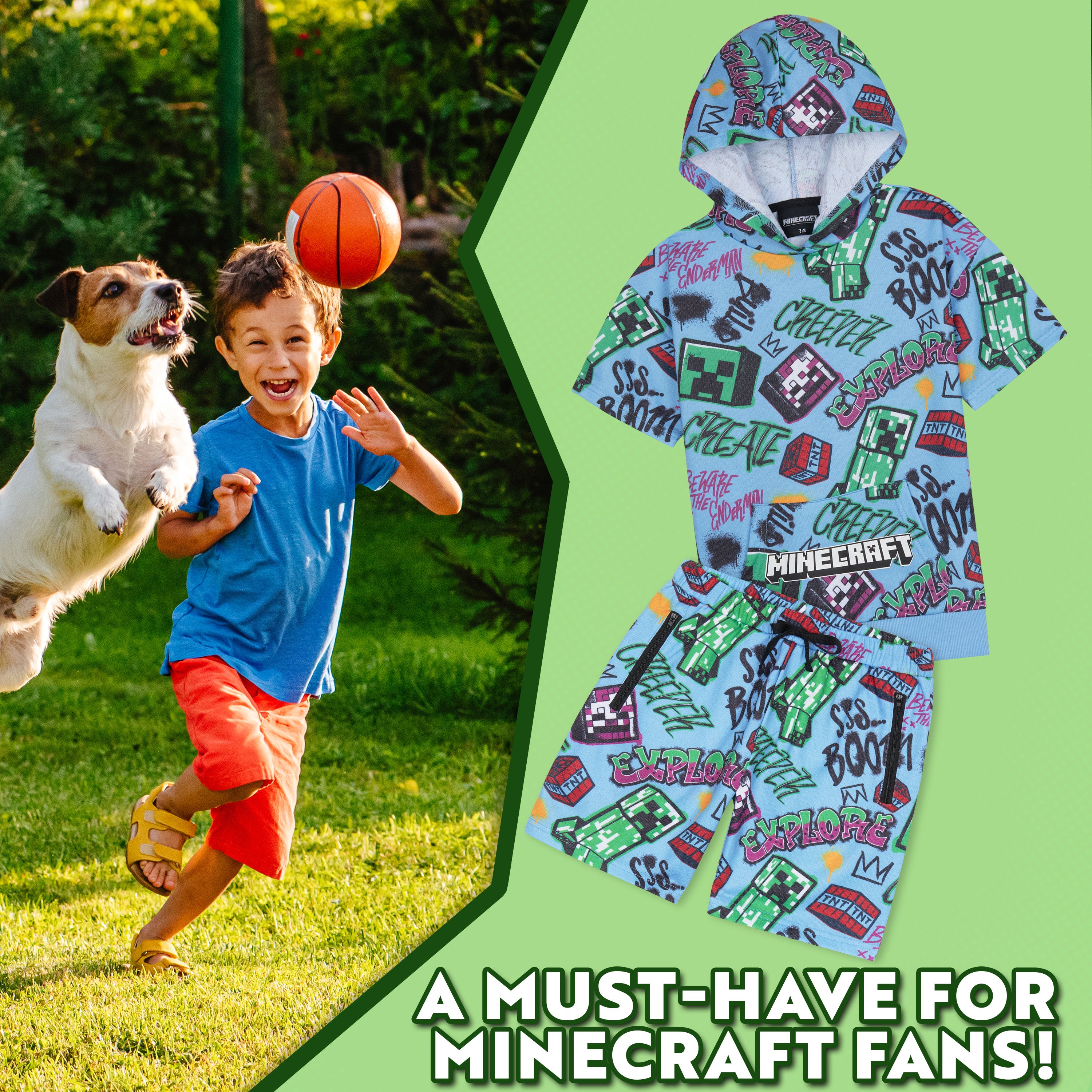 Minecraft Hoodie Shorts Tracksuit Set Boys 2 Pcs Creeper Teenagers Gamer Summer Short Sleeved Hooded Sweatshirt Zipped Pockets Sports Casual Activewear - Get Trend