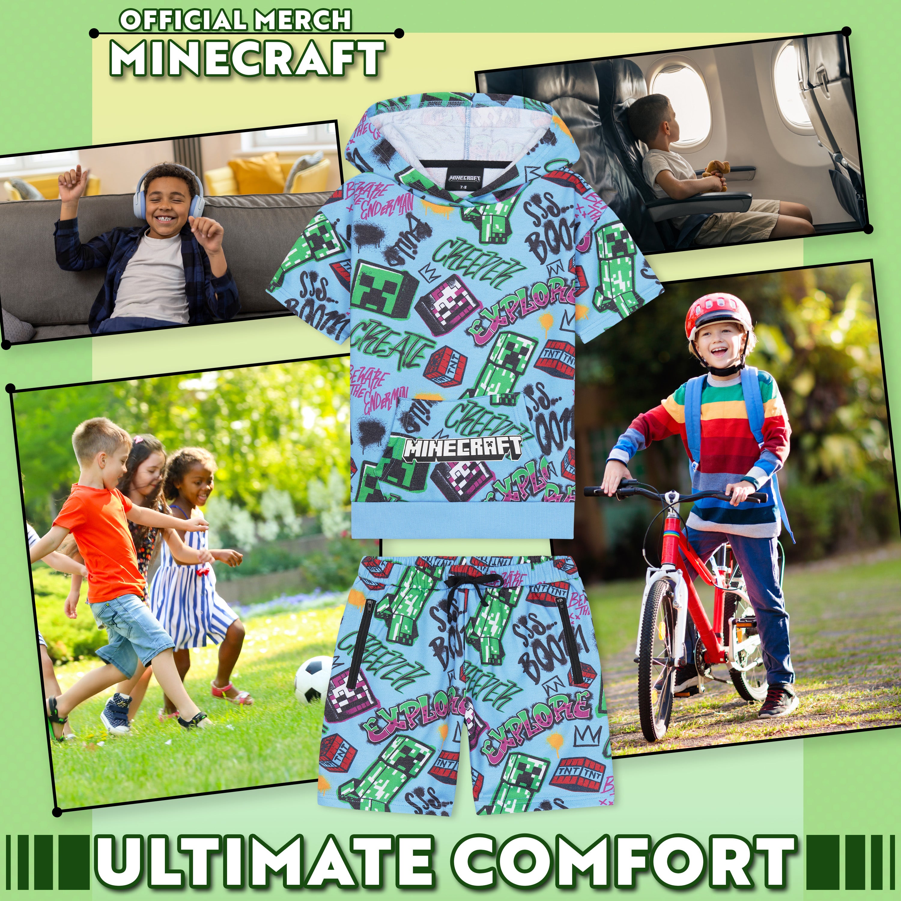 Minecraft Hoodie Shorts Tracksuit Set Boys 2 Pcs Creeper Teenagers Gamer Summer Short Sleeved Hooded Sweatshirt Zipped Pockets Sports Casual Activewear - Get Trend