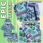 Minecraft Hoodie Shorts Tracksuit Set Boys 2 Pcs Creeper Teenagers Gamer Summer Short Sleeved Hooded Sweatshirt Zipped Pockets Sports Casual Activewear - Get Trend