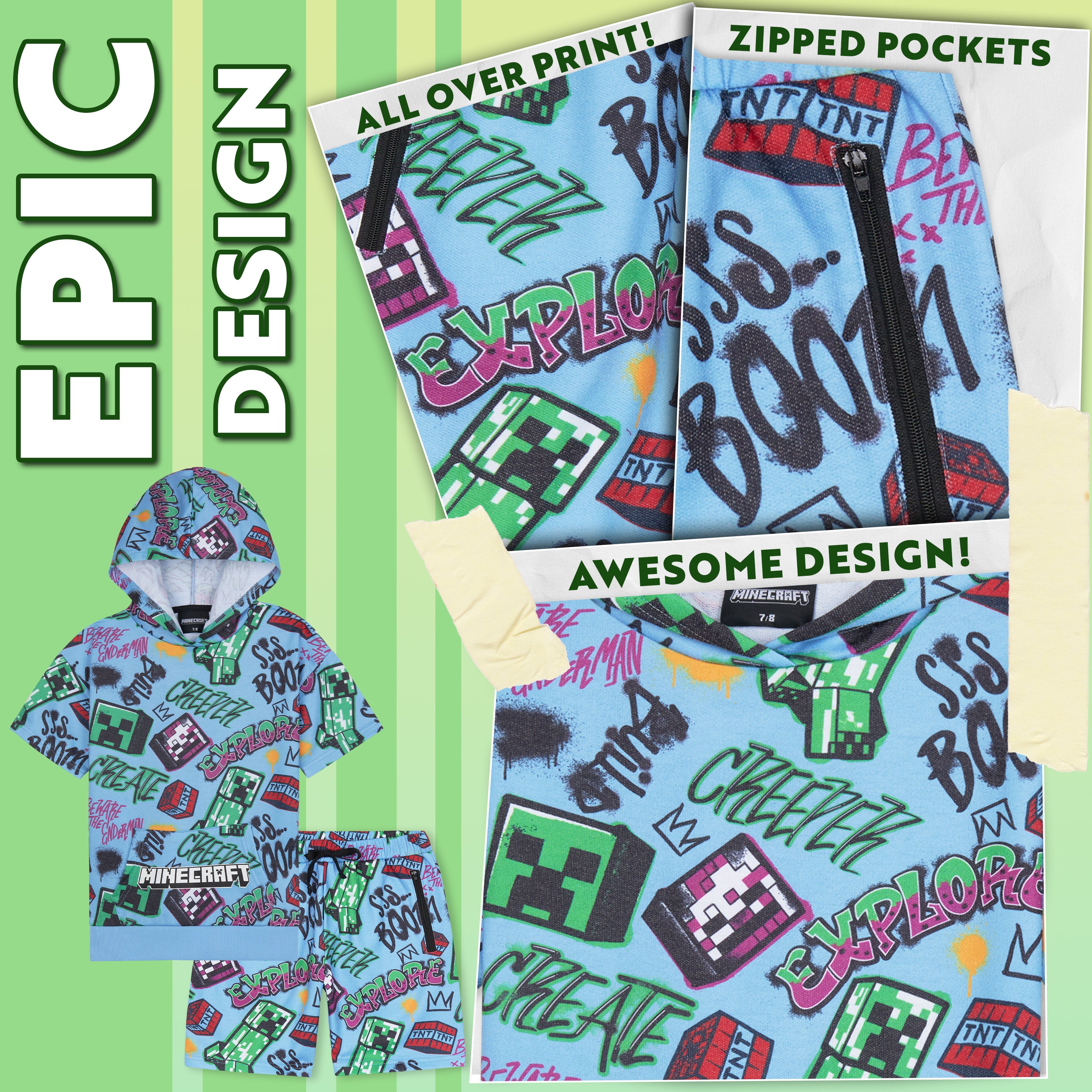 Minecraft Hoodie Shorts Tracksuit Set Boys 2 Pcs Creeper Teenagers Gamer Summer Short Sleeved Hooded Sweatshirt Zipped Pockets Sports Casual Activewear - Get Trend