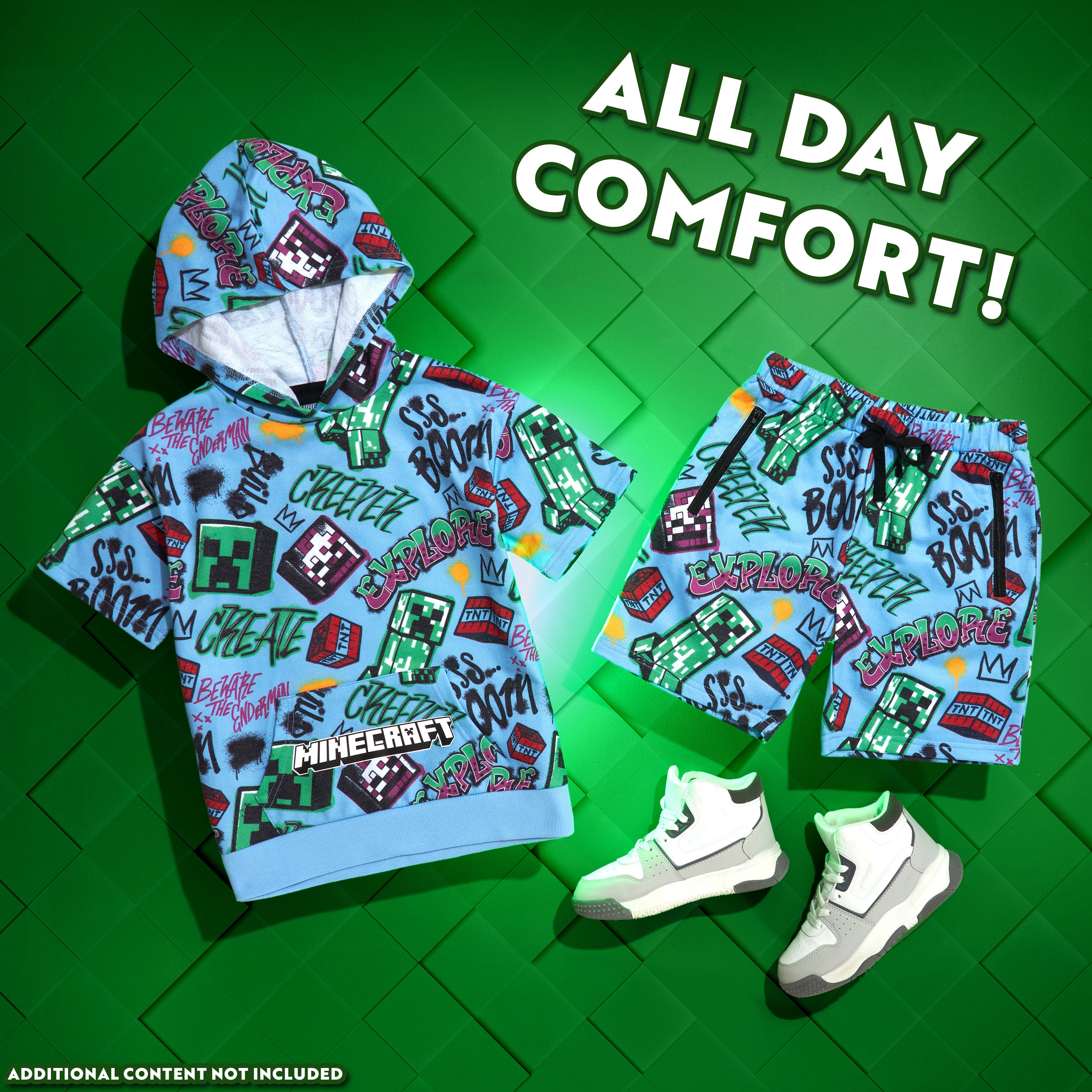 Minecraft Hoodie Shorts Tracksuit Set Boys 2 Pcs Creeper Teenagers Gamer Summer Short Sleeved Hooded Sweatshirt Zipped Pockets Sports Casual Activewear - Get Trend