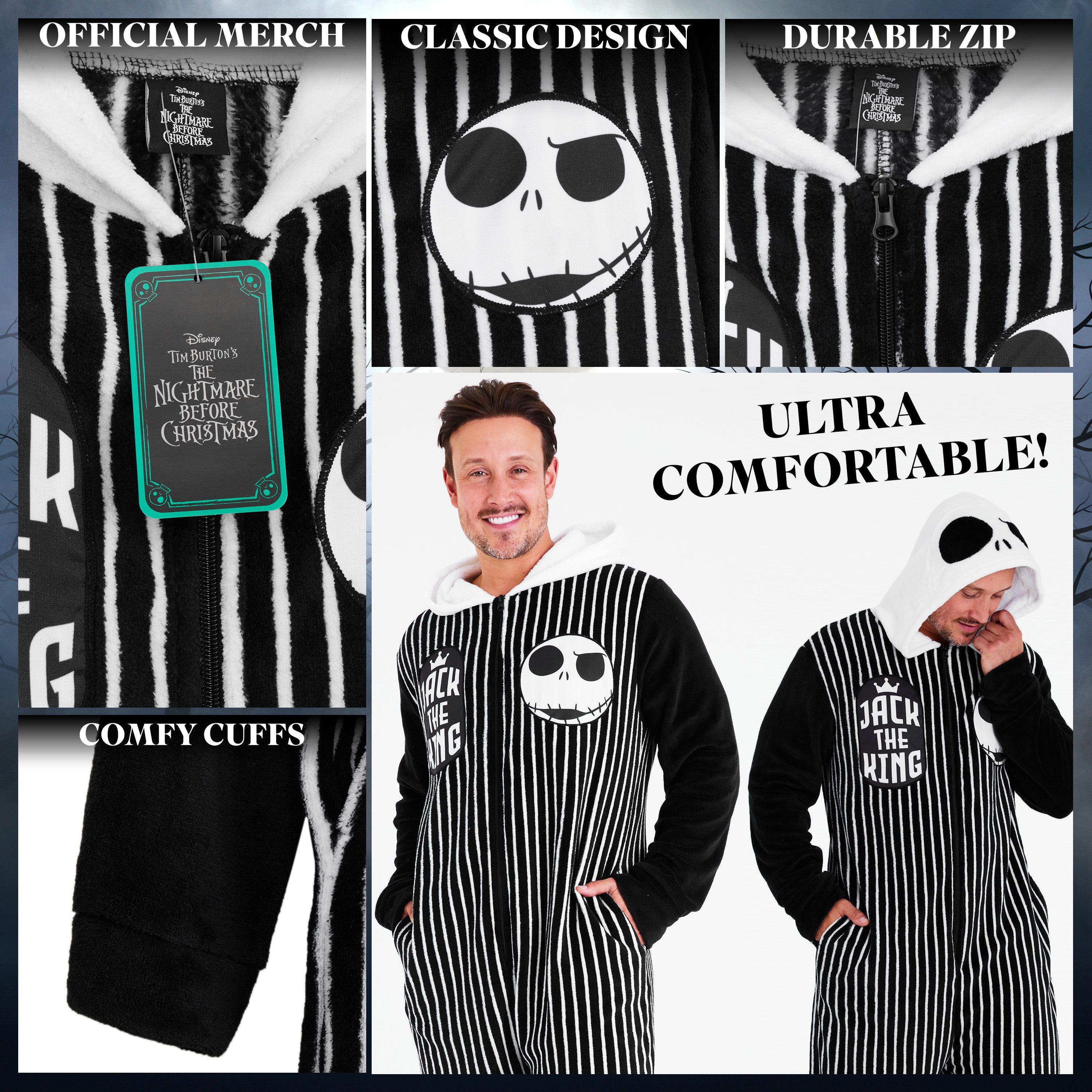 Disney The Nightmare Before Christmas Mens Fleece Onesie with Hood, Cosy Loungewear - Gifts for Him - Get Trend