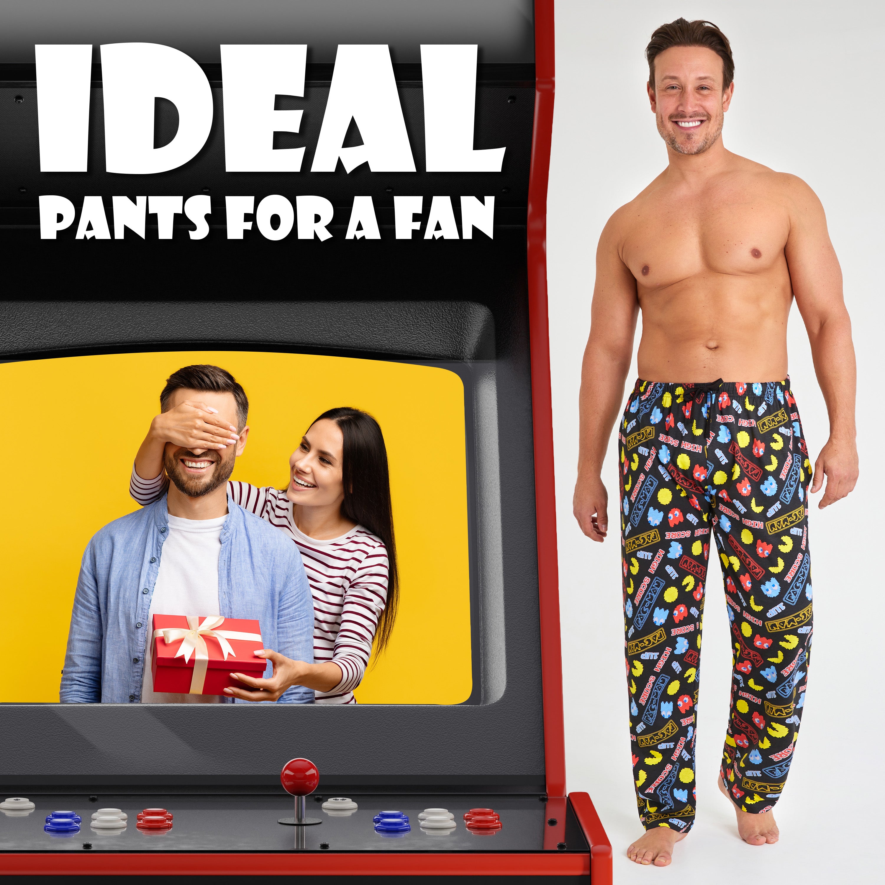 Pac-Man Mens Pyjama Bottoms, Comfy Cotton PJs Loungewear Trousers with Pockets - Gifts for Him - Get Trend
