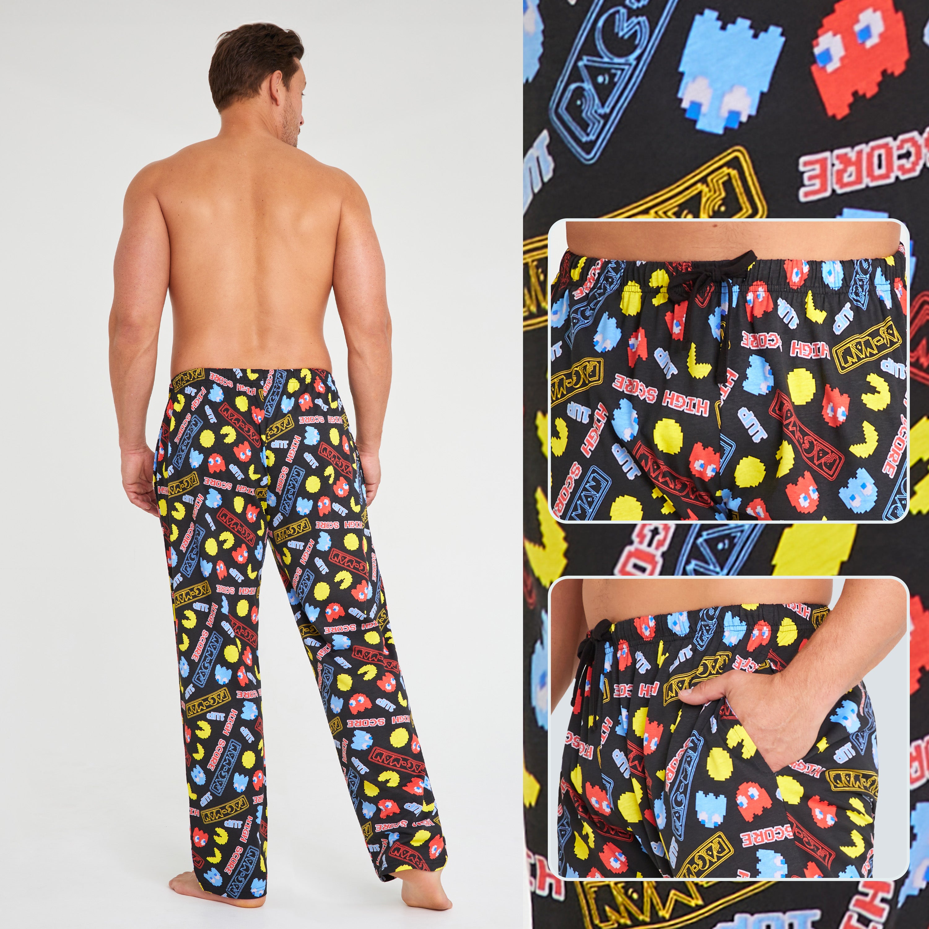 Pac-Man Mens Pyjama Bottoms, Comfy Cotton PJs Loungewear Trousers with Pockets - Gifts for Him - Get Trend