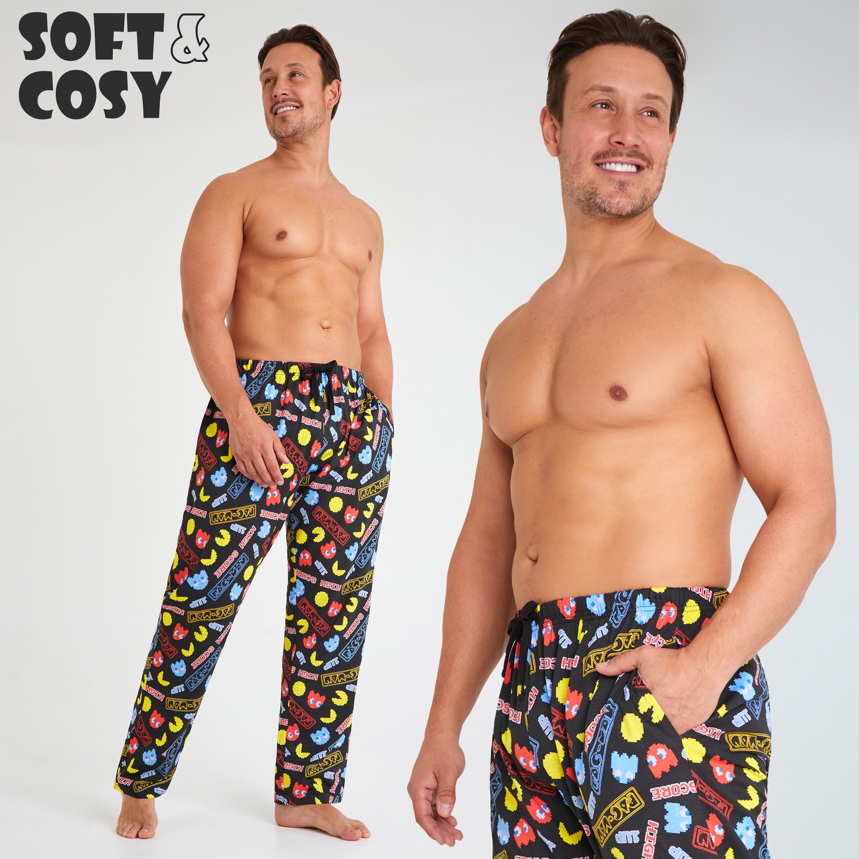 Pac-Man Mens Pyjama Bottoms, Comfy Cotton PJs Loungewear Trousers with Pockets - Gifts for Him - Get Trend