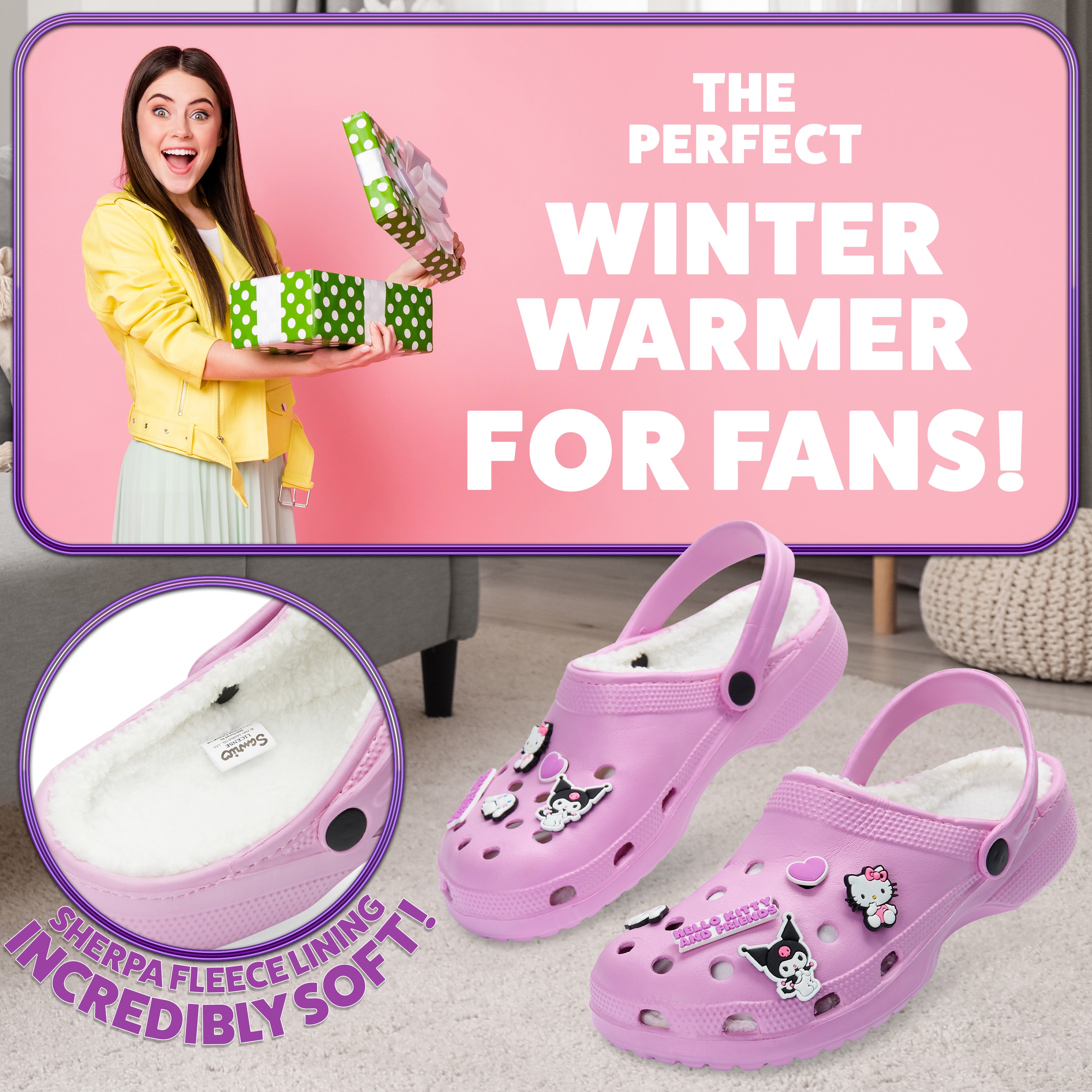 Hello Kitty Clogs Womens Teens Winter Fleece Lining & Removable Charms - Get Trend