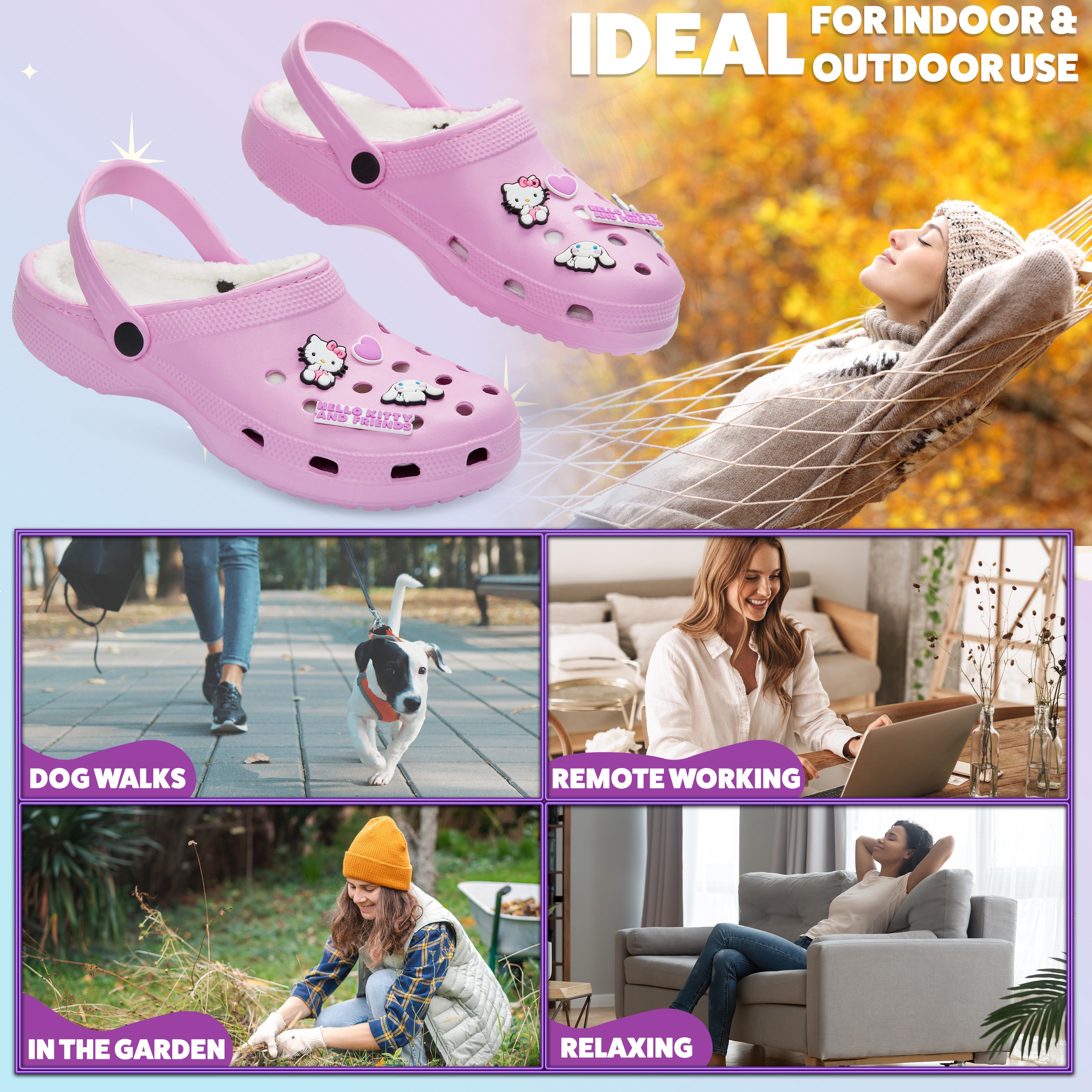 Hello Kitty Clogs Womens Teens Winter Fleece Lining & Removable Charms - Get Trend
