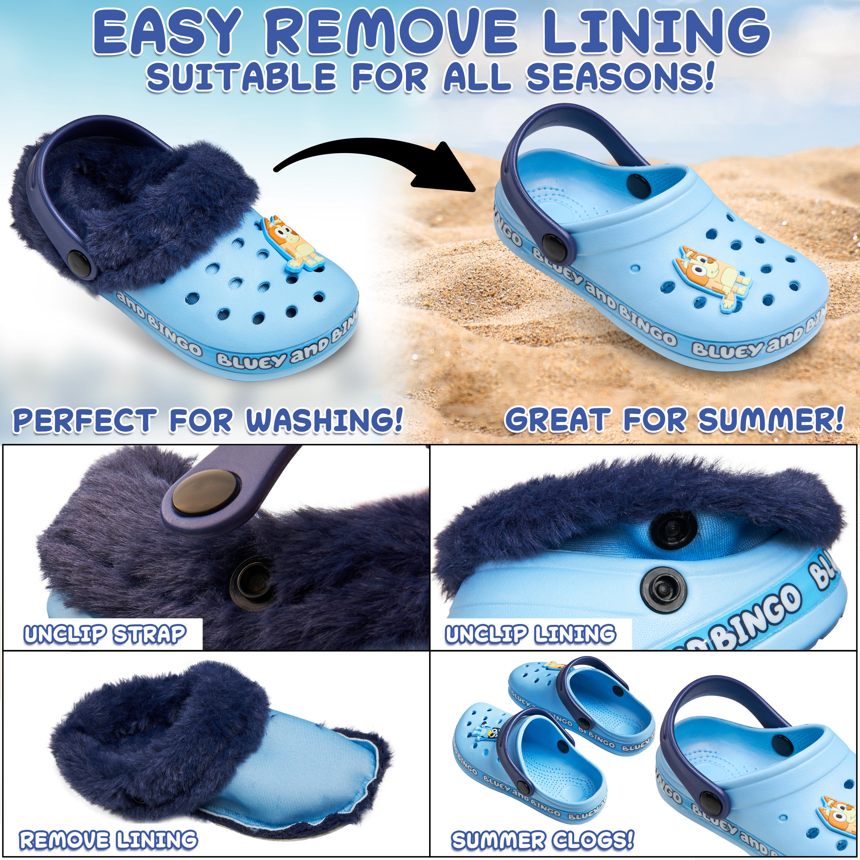 Bluey Kids Clogs with Removable Fur Lining & Charms Garden Shoes - Get Trend