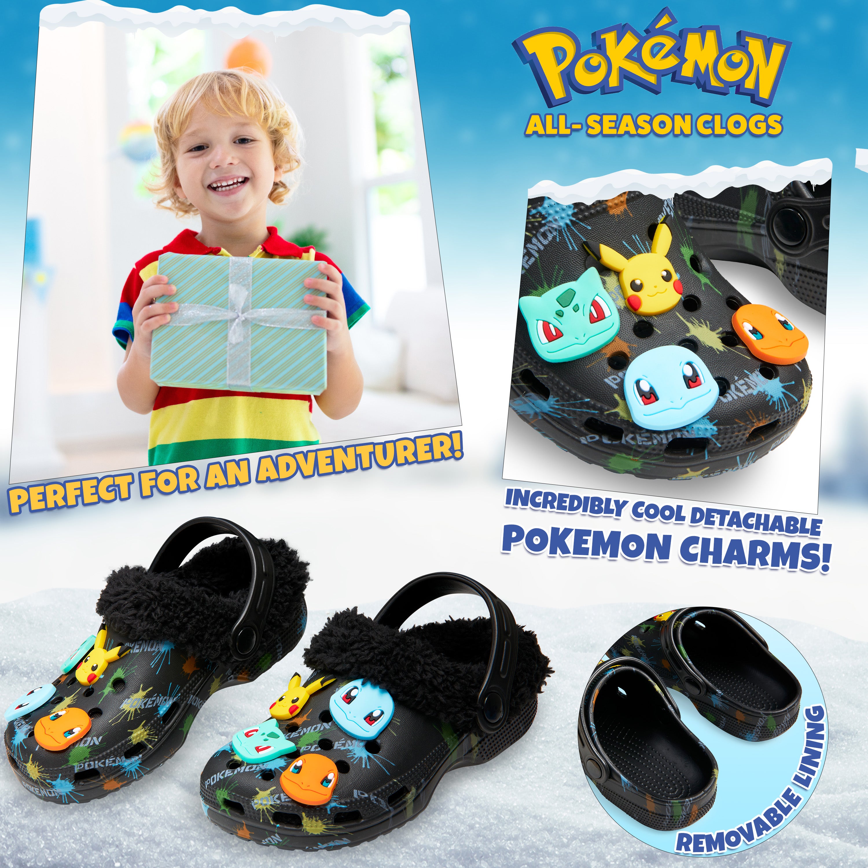 Pokemon Boys Clogs with Removable Fur Lining & Charms, Anime Gifts for Boys - Get Trend