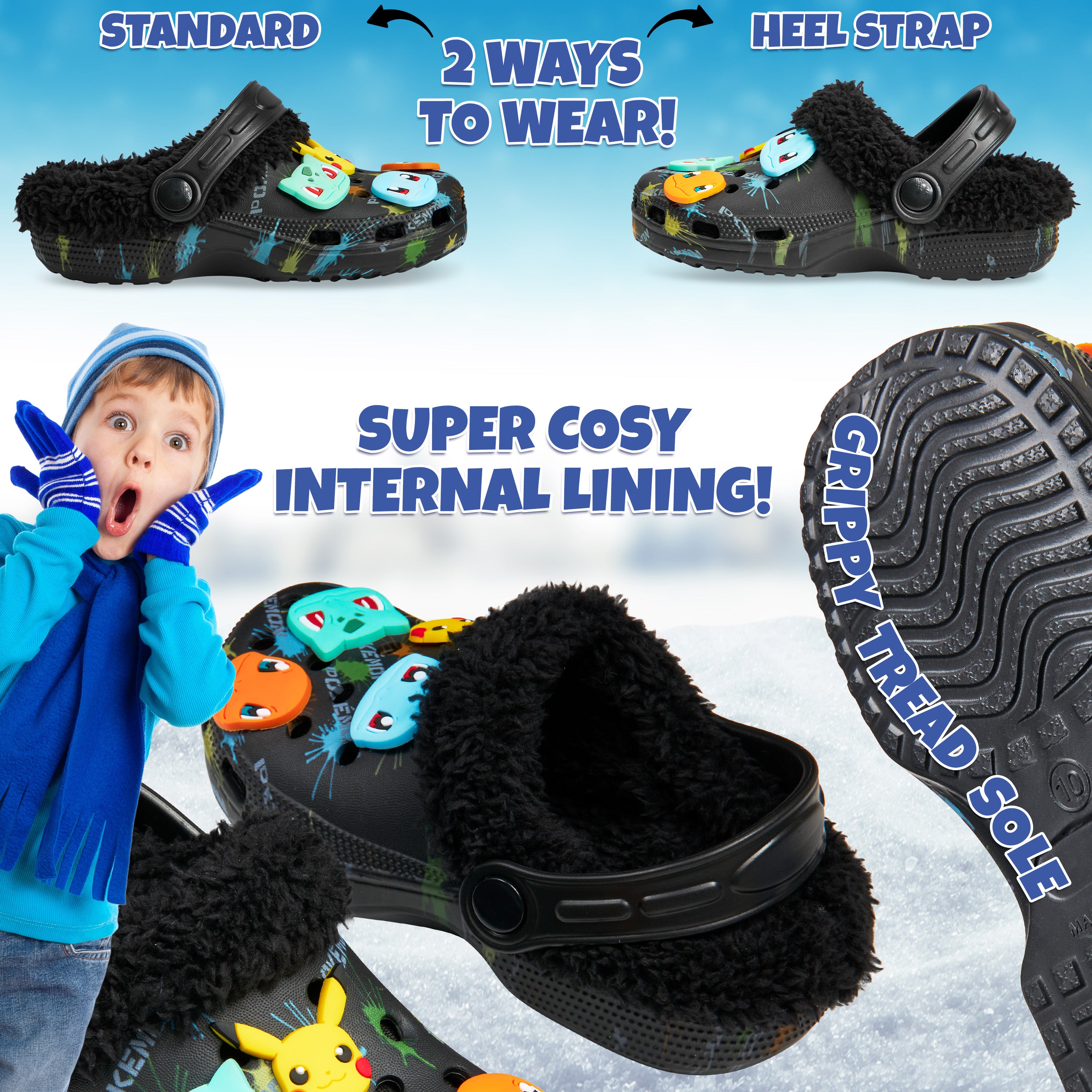 Pokemon Boys Clogs with Removable Fur Lining & Charms, Anime Gifts for Boys - Get Trend