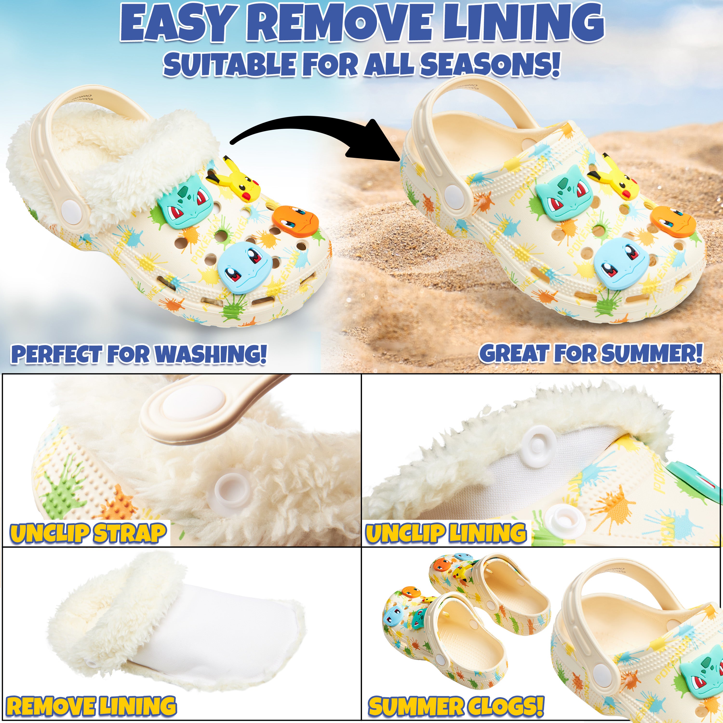 Pokemon Kids Clogs with Removable Fur Lining & Charms, Anime Gifts for Kids - Get Trend