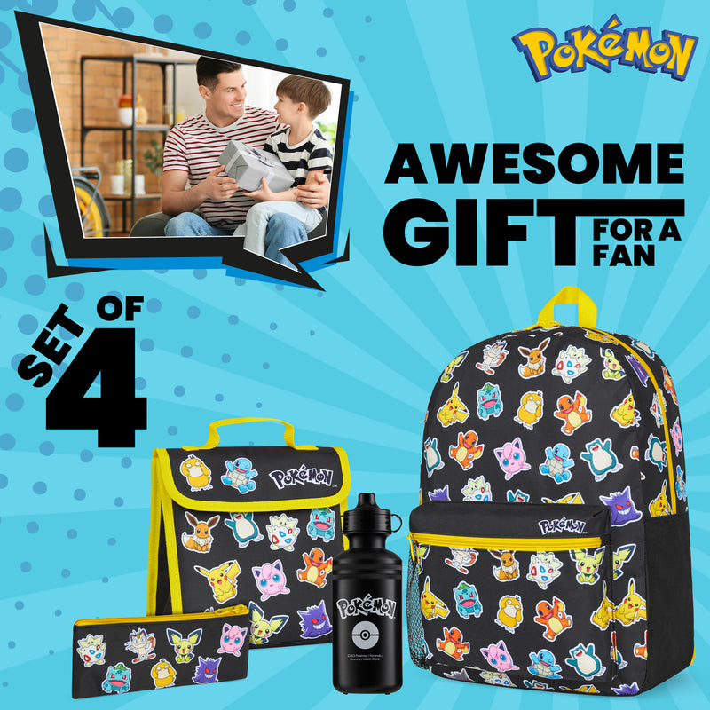 Pokemon 4 Piece Set: Backpack, Lunch Bag, Pencil Case & Water Bottle Set for Kids - Get Trend