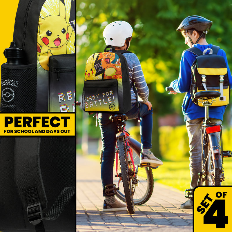 Pokemon Kids Backpack 4 Piece Set - Rucksack, Insulated Lunch Box, Kids Pencil Case BPA Free 500ml Water Bottle - Get Trend