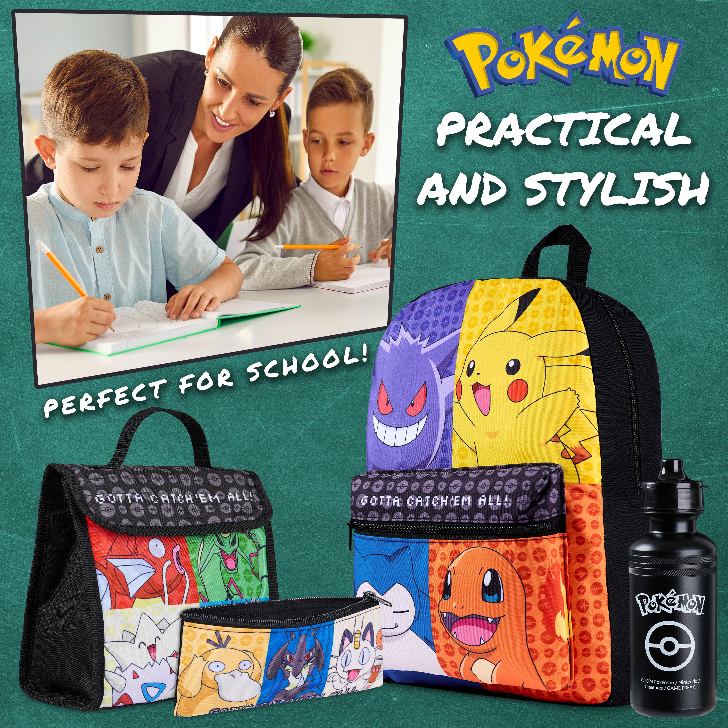 Pokemon Kids Backpack Set, 4 Pcs School Supplies Rucksack Insulated Lunch Bag - Get Trend