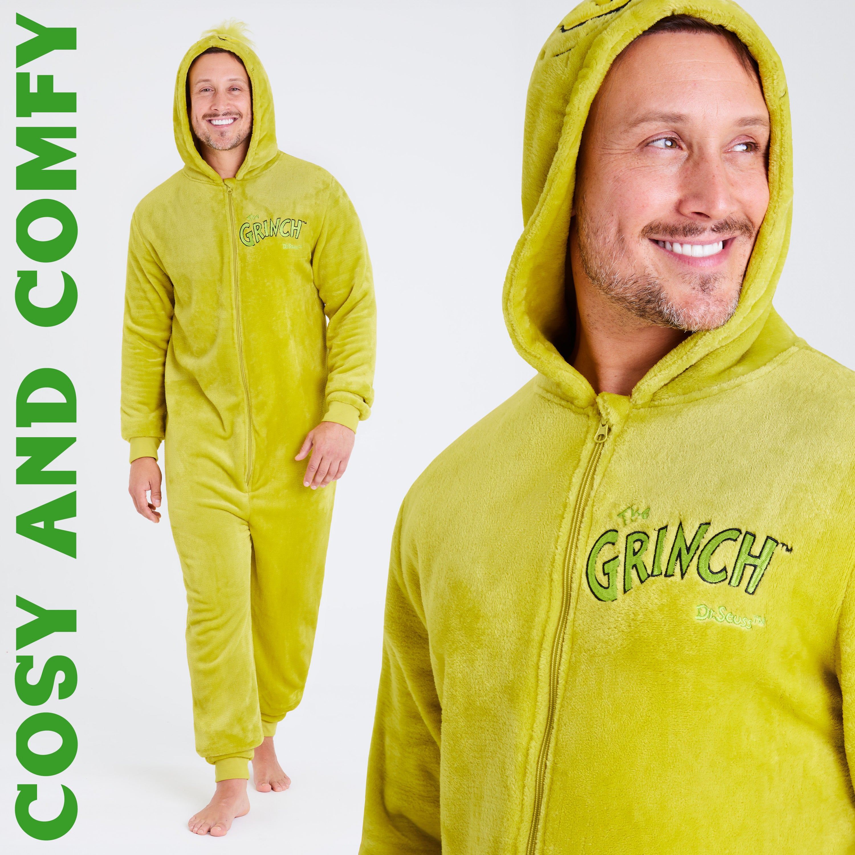 The Grinch Mens Fleece Hooded Onesie, Fluffy Loungewear - Funny Gifts for Him - Get Trend