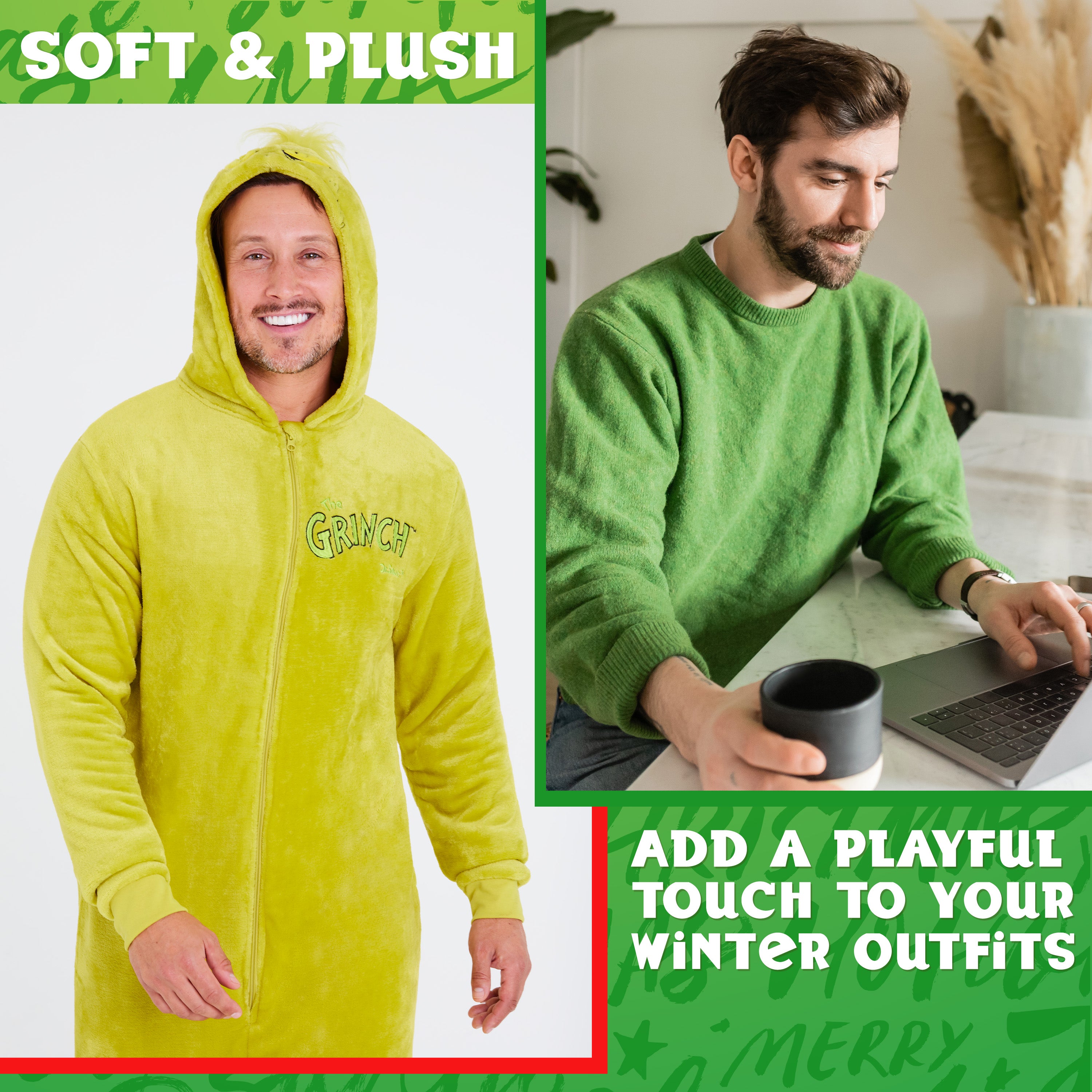 The Grinch Mens Fleece Hooded Onesie, Fluffy Loungewear - Funny Gifts for Him - Get Trend