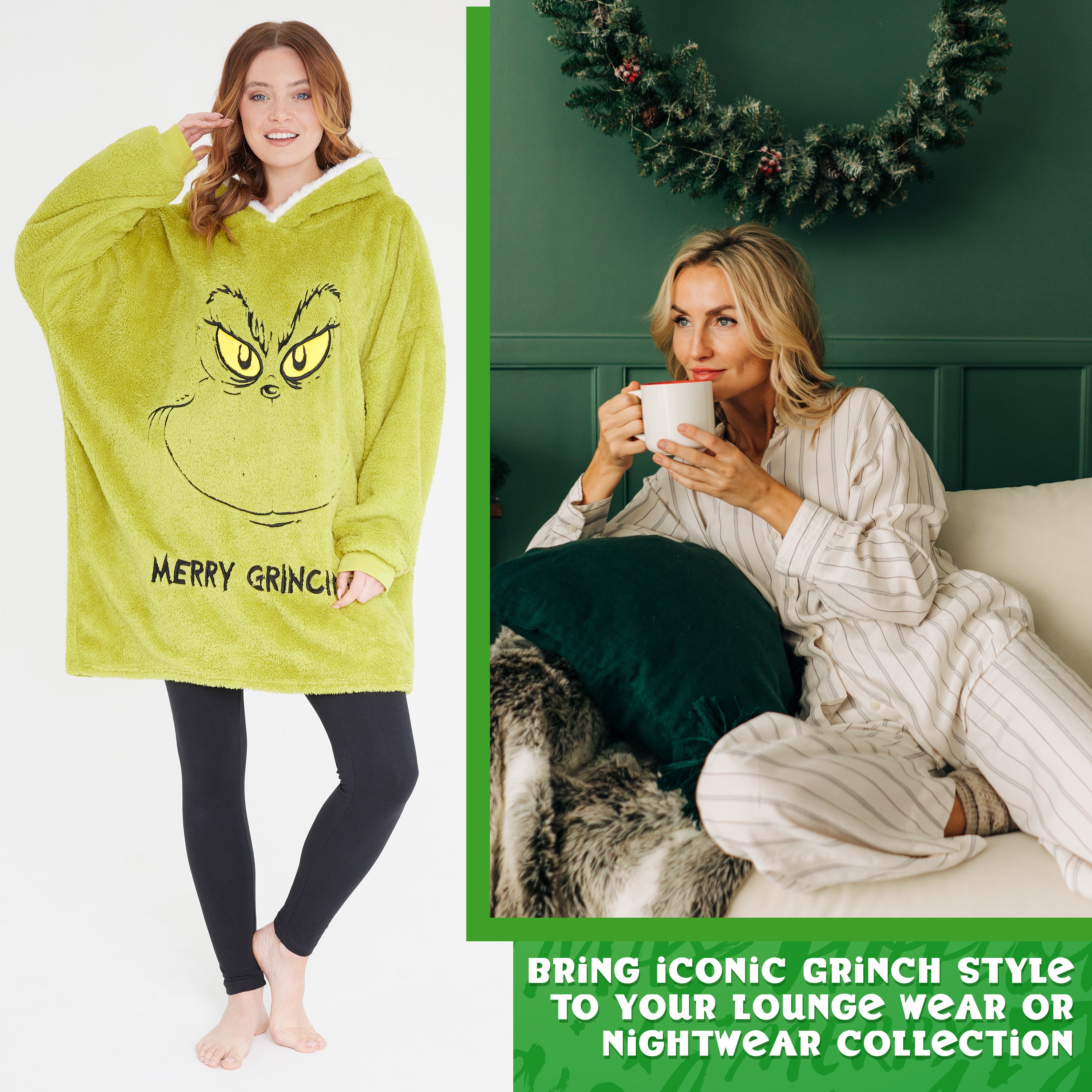 The Grinch Womens Oversized Fleece Hoodie, Cosy Loungewear - Gifts for Women Green - Get Trend