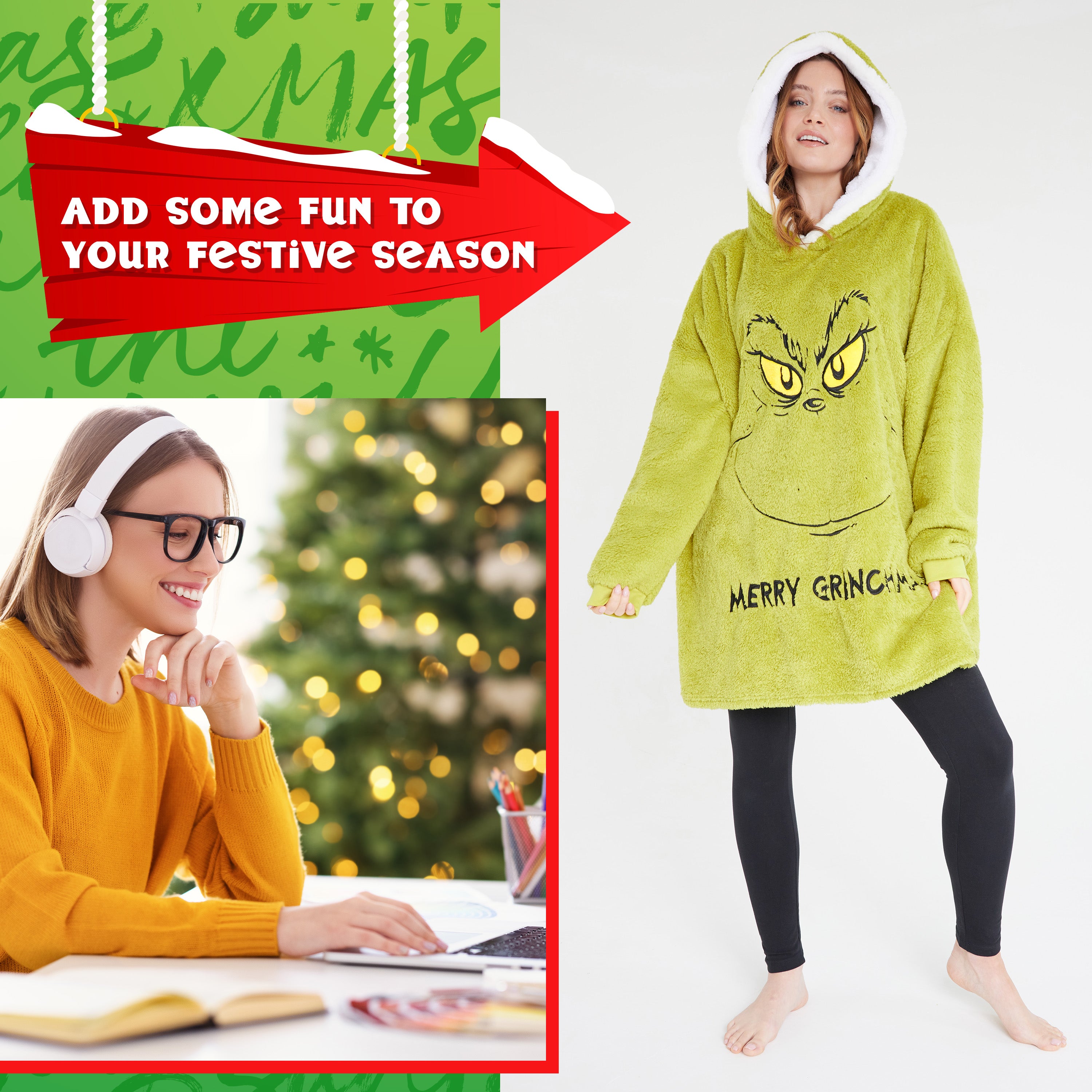 The Grinch Womens Oversized Fleece Hoodie, Cosy Loungewear - Gifts for Women Green - Get Trend