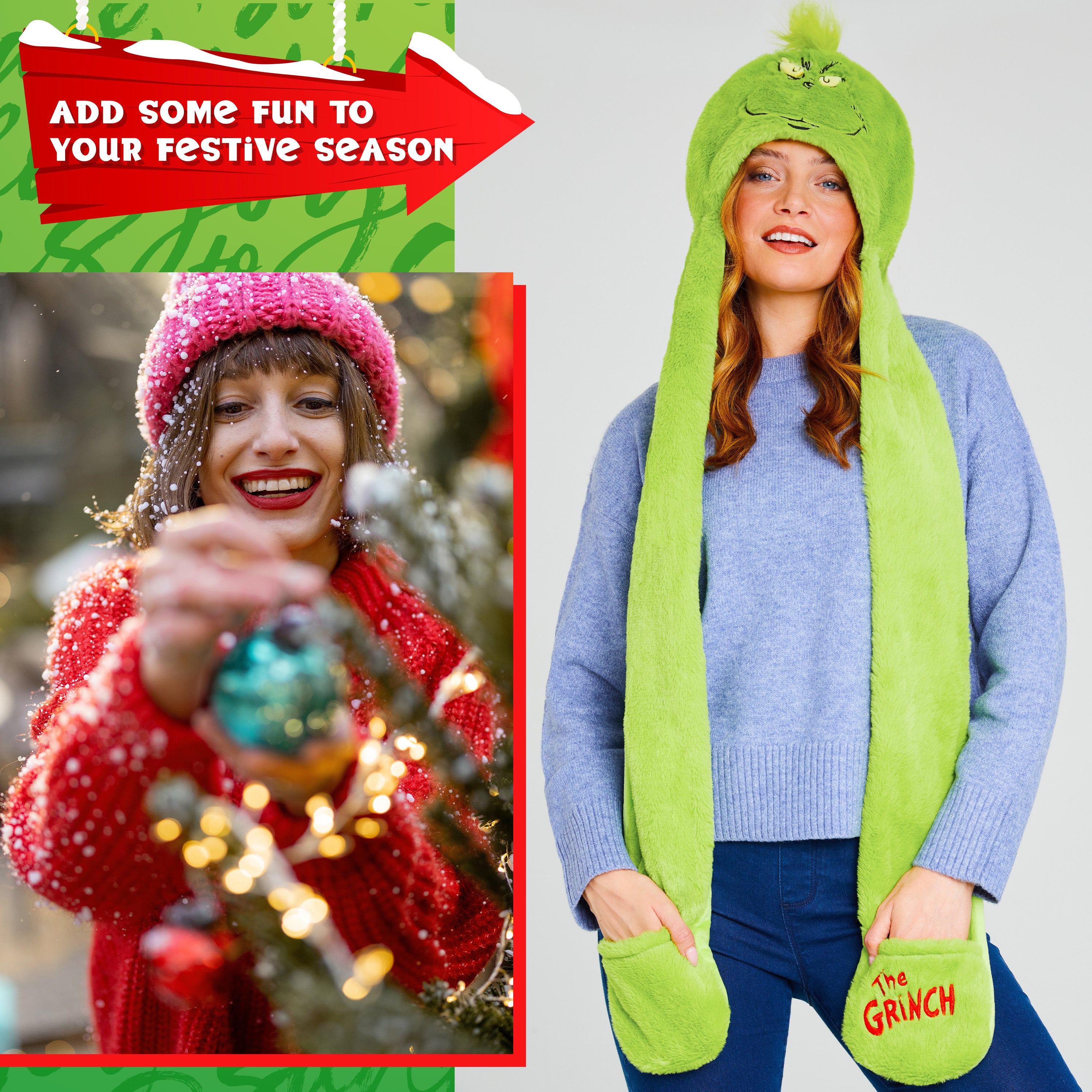 The Grinch Hat Scarf and Gloves Ladies Winter Accessories, Funny Hat Hand Warmer Long Hat Mitten - Gifts for Her - Get Trend