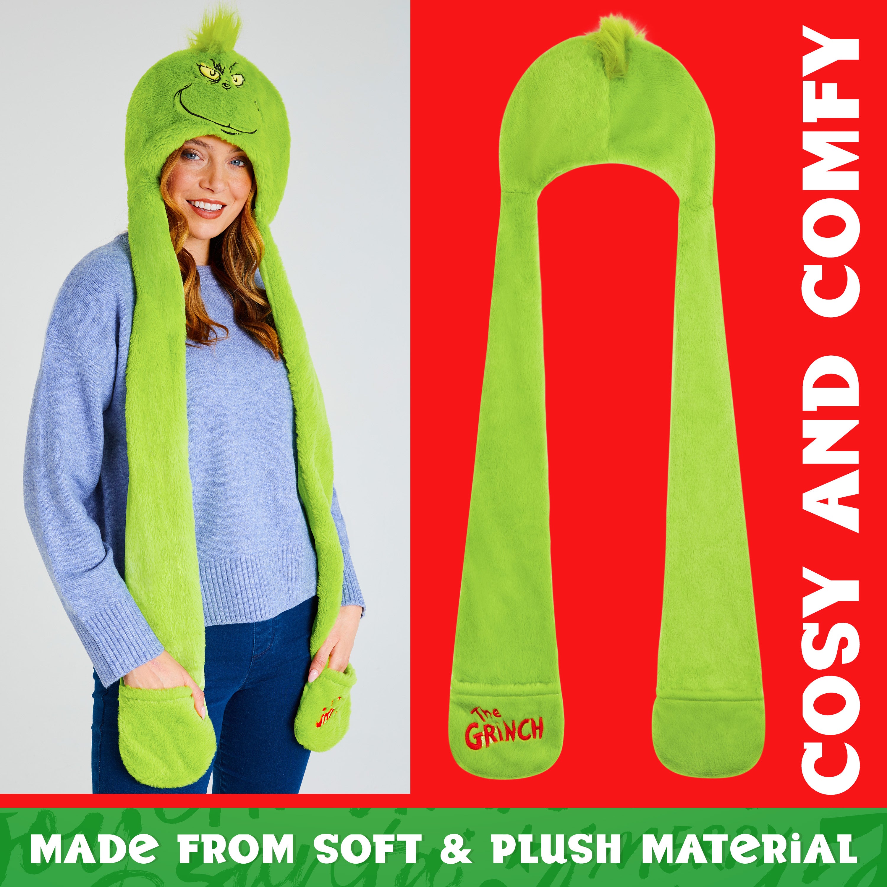 The Grinch Hat Scarf and Gloves Ladies Winter Accessories, Funny Hat Hand Warmer Long Hat Mitten - Gifts for Her - Get Trend