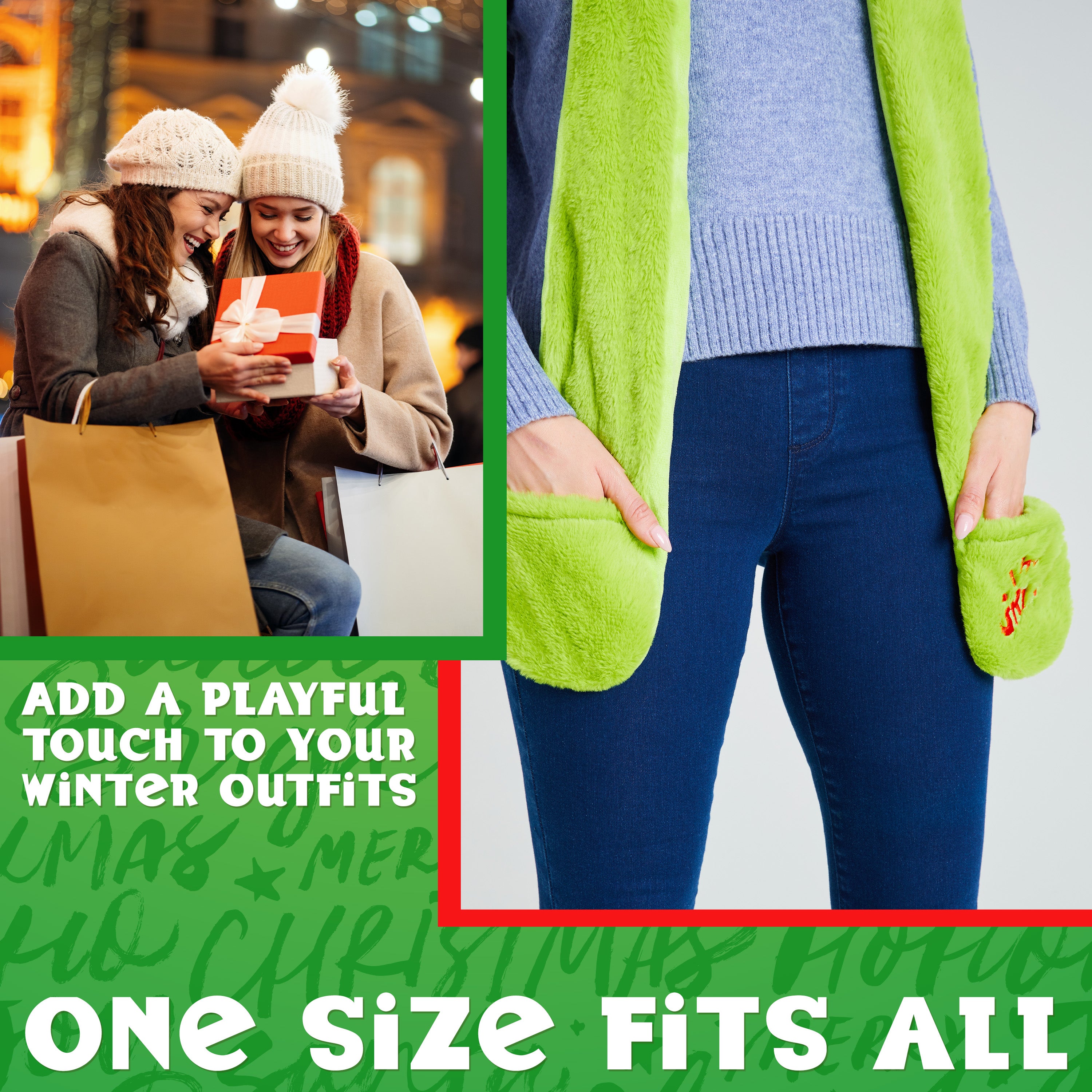 The Grinch Hat Scarf and Gloves Ladies Winter Accessories, Funny Hat Hand Warmer Long Hat Mitten - Gifts for Her - Get Trend