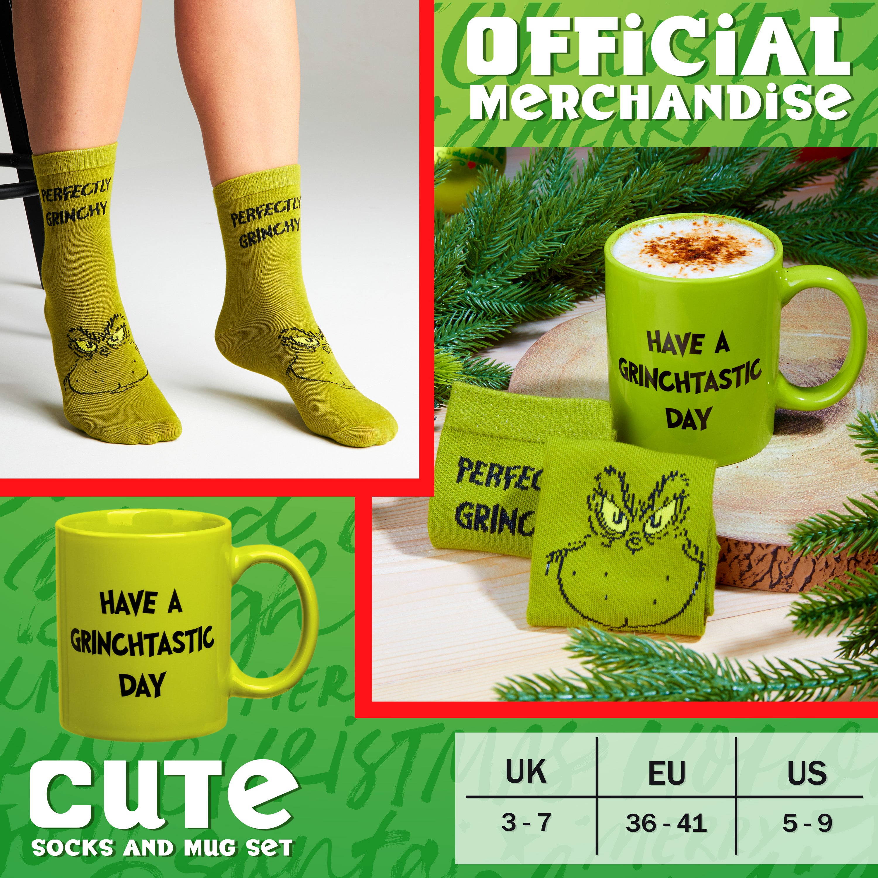 The Grinch Mug and Socks Gift Set Calf Socks and 340ml Mug - Gifts for Her - Get Trend