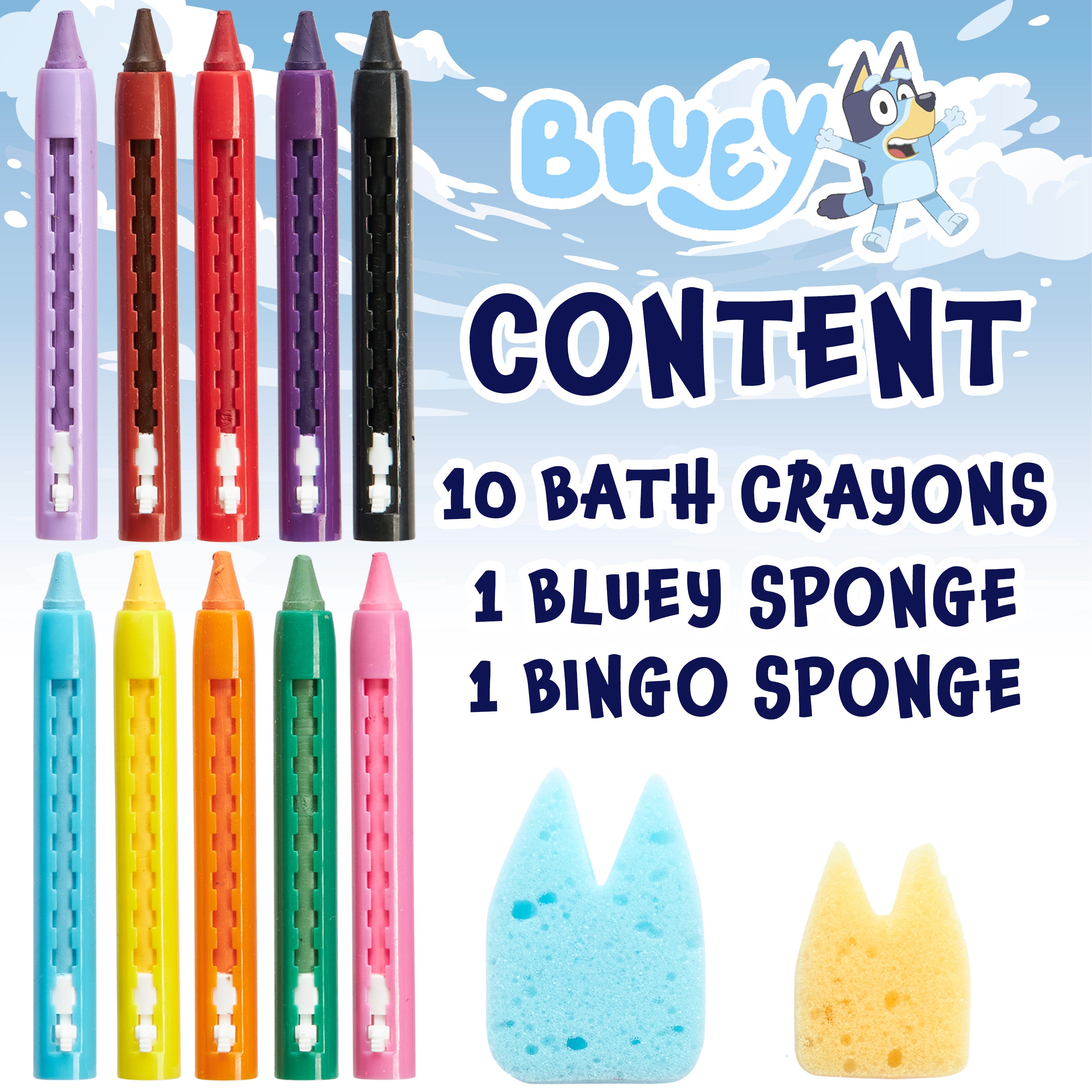 Bluey Bath Crayons Colouring Set 10 Water Crayons 2 Sponges Bath Toys for Kids - Get Trend