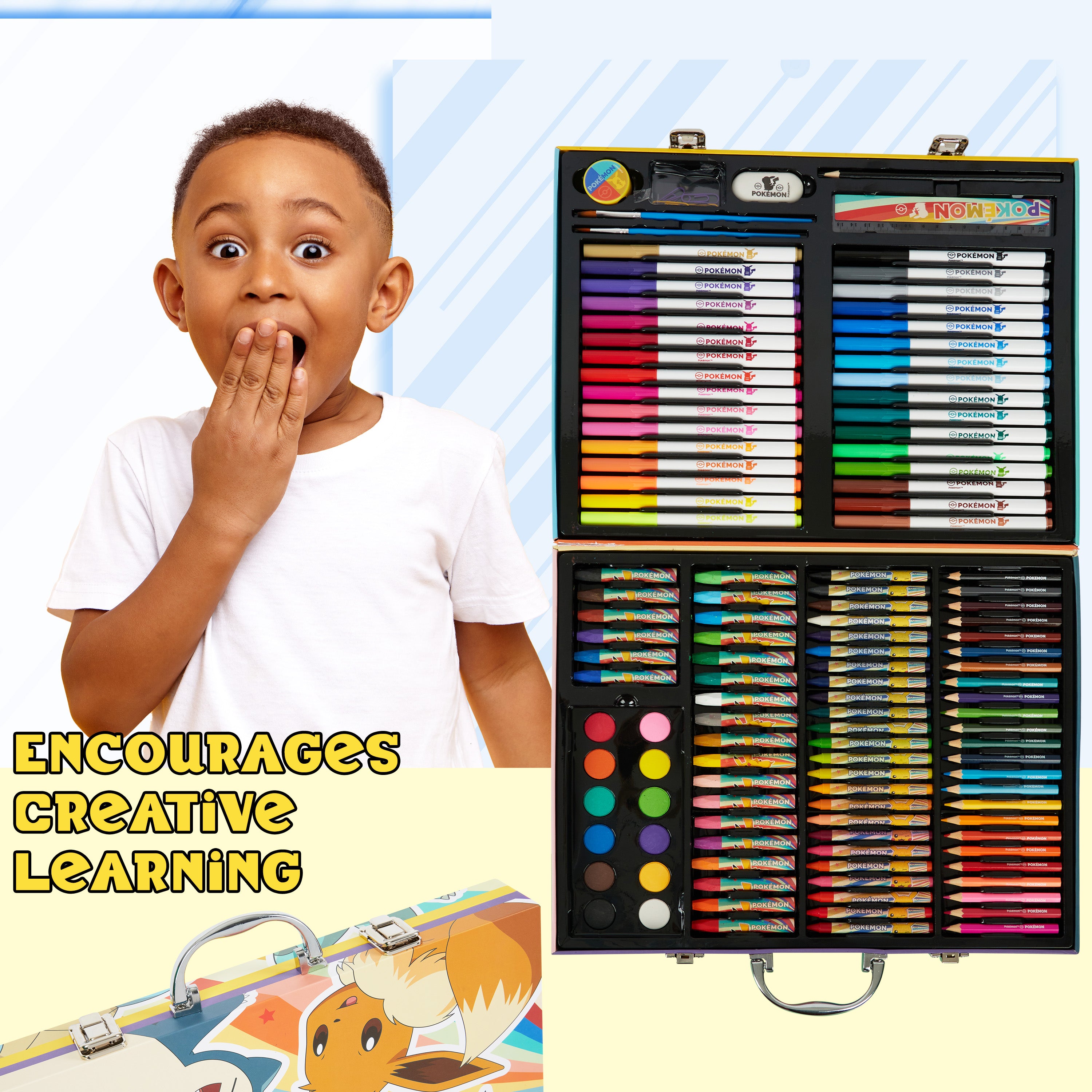 Pokemon Art Supplies Set with Colouring Pencils Felt Tip Pens Watercolour Paints Wax Crayons for Drawing Painting Set Pikachu Travel Art Set Anime Gifts (Black/Red) - Get Trend