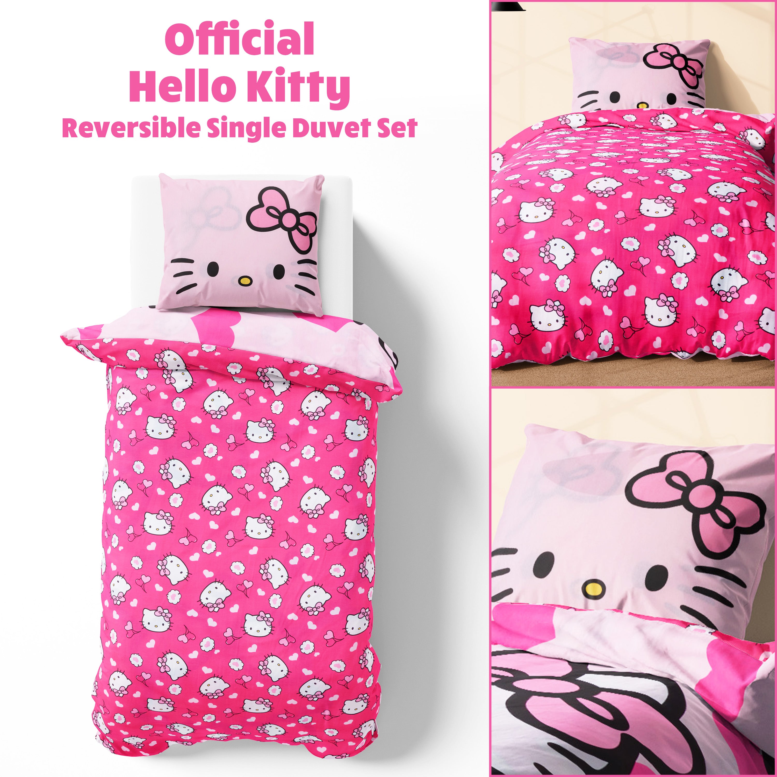 Hello Kitty Duvet Cover and Pillowcase Set Girls Teens Bedding  - Single Size - Get Trend