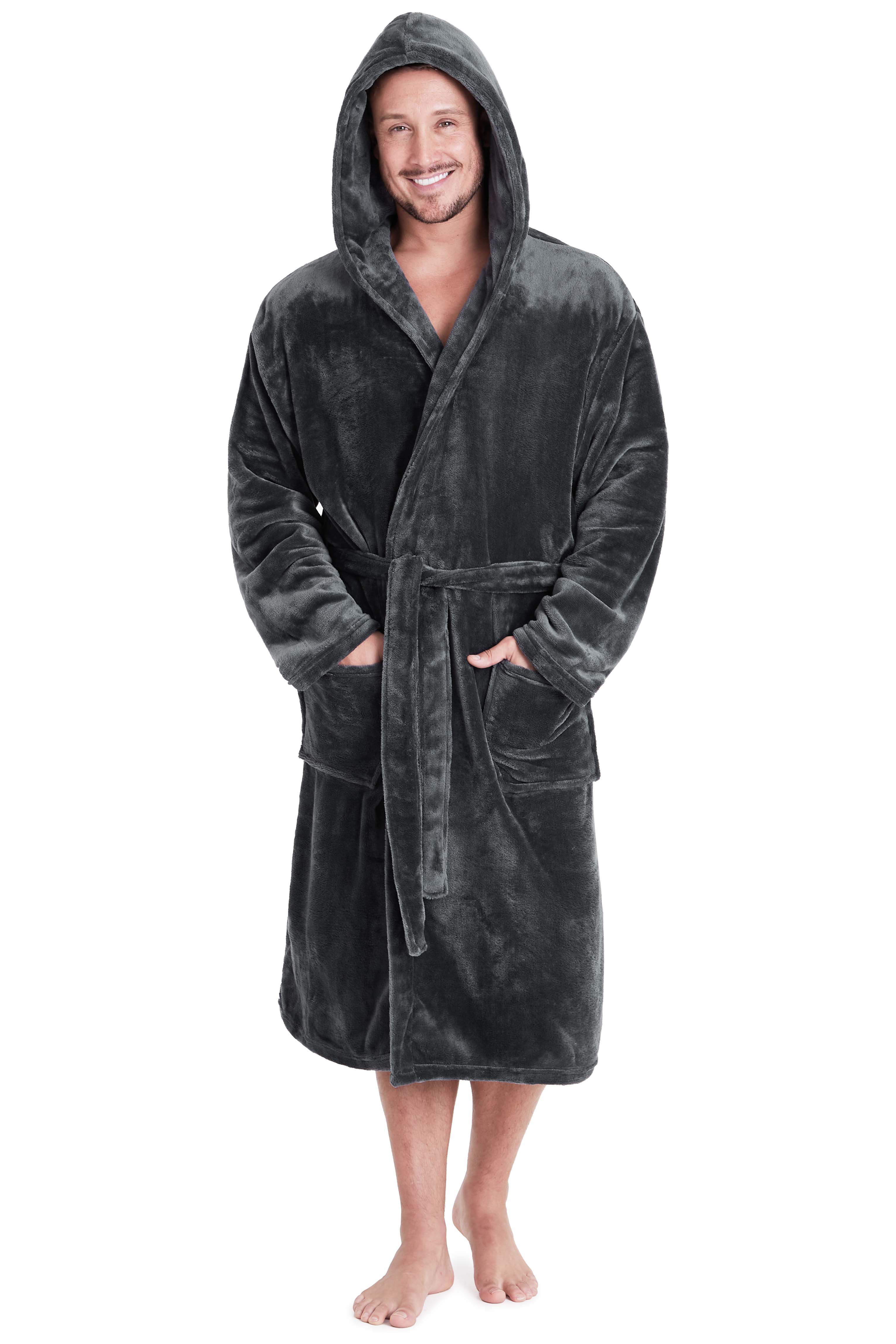 Mens Dressing Gown Super Soft Mens Fleece Robe with Hood Gowns Bathrob