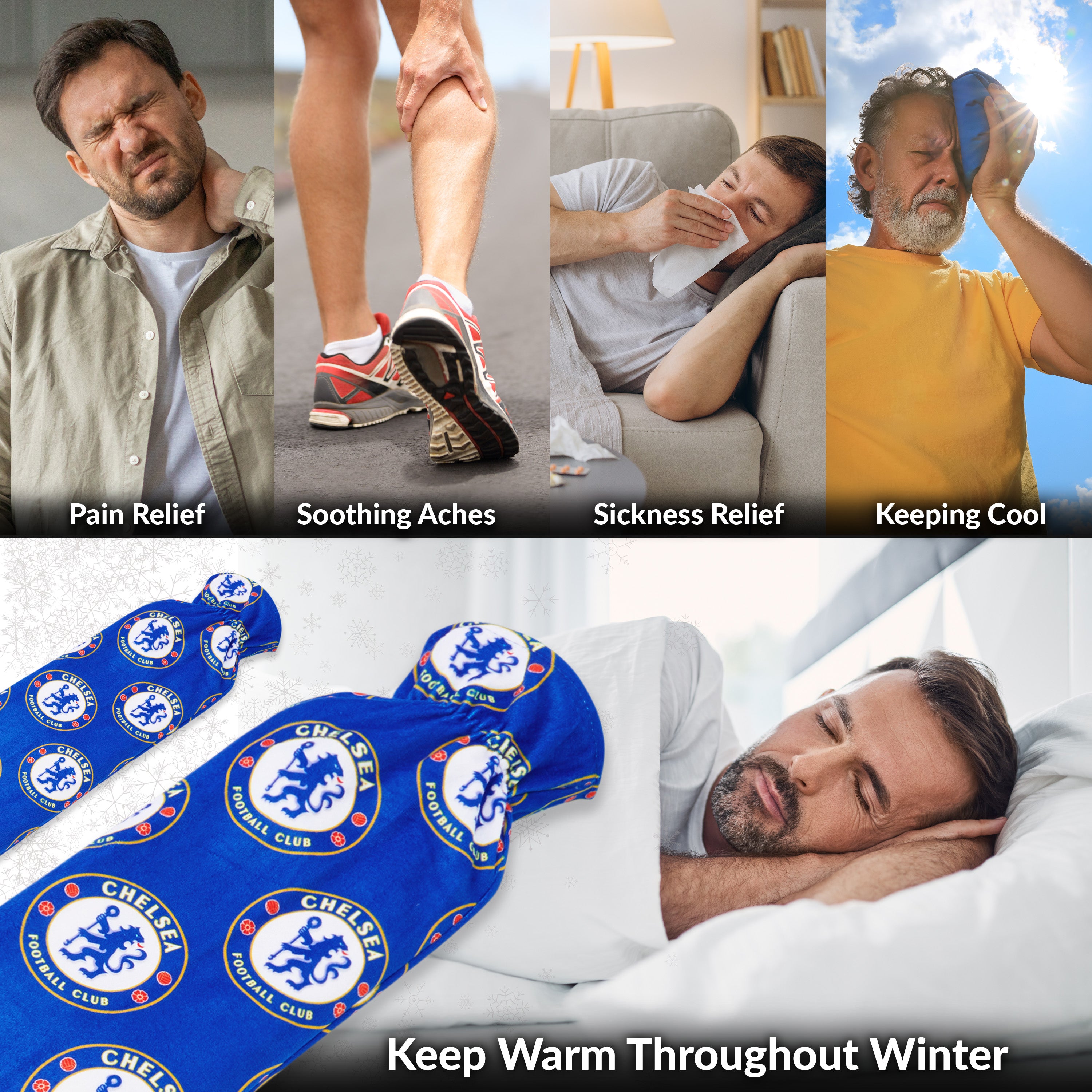 Chelsea F.C. Long Hot Water Bottle with Soft Cover 2L - Football Gifts for Him (Blue/White Long) - Get Trend