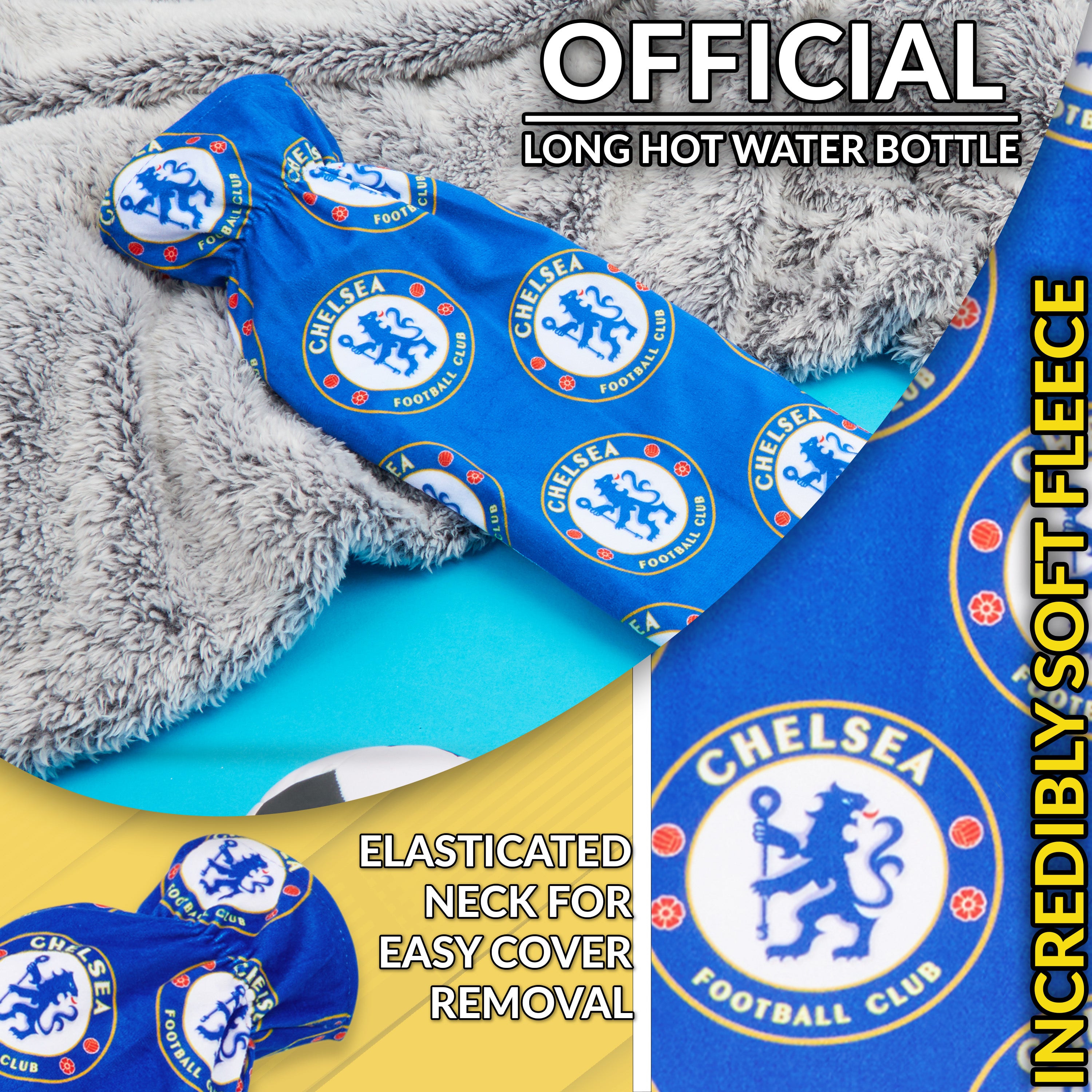 Chelsea F.C. Long Hot Water Bottle with Soft Cover 2L - Football Gifts for Him (Blue/White Long) - Get Trend
