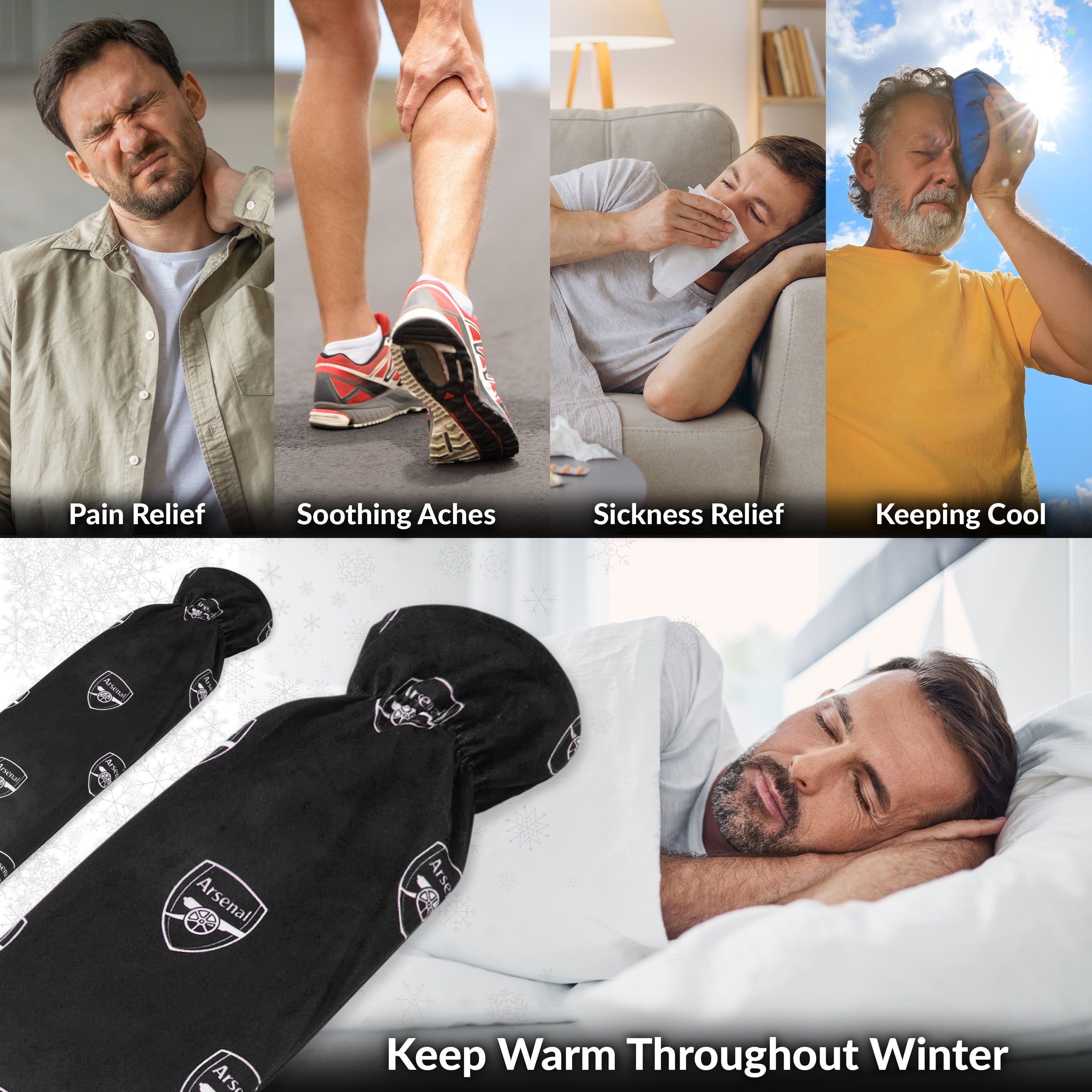 Arsenal F.C. Long Hot Water Bottle with Soft Cover 2L - Football Gifts for Him (Black Long) - Get Trend