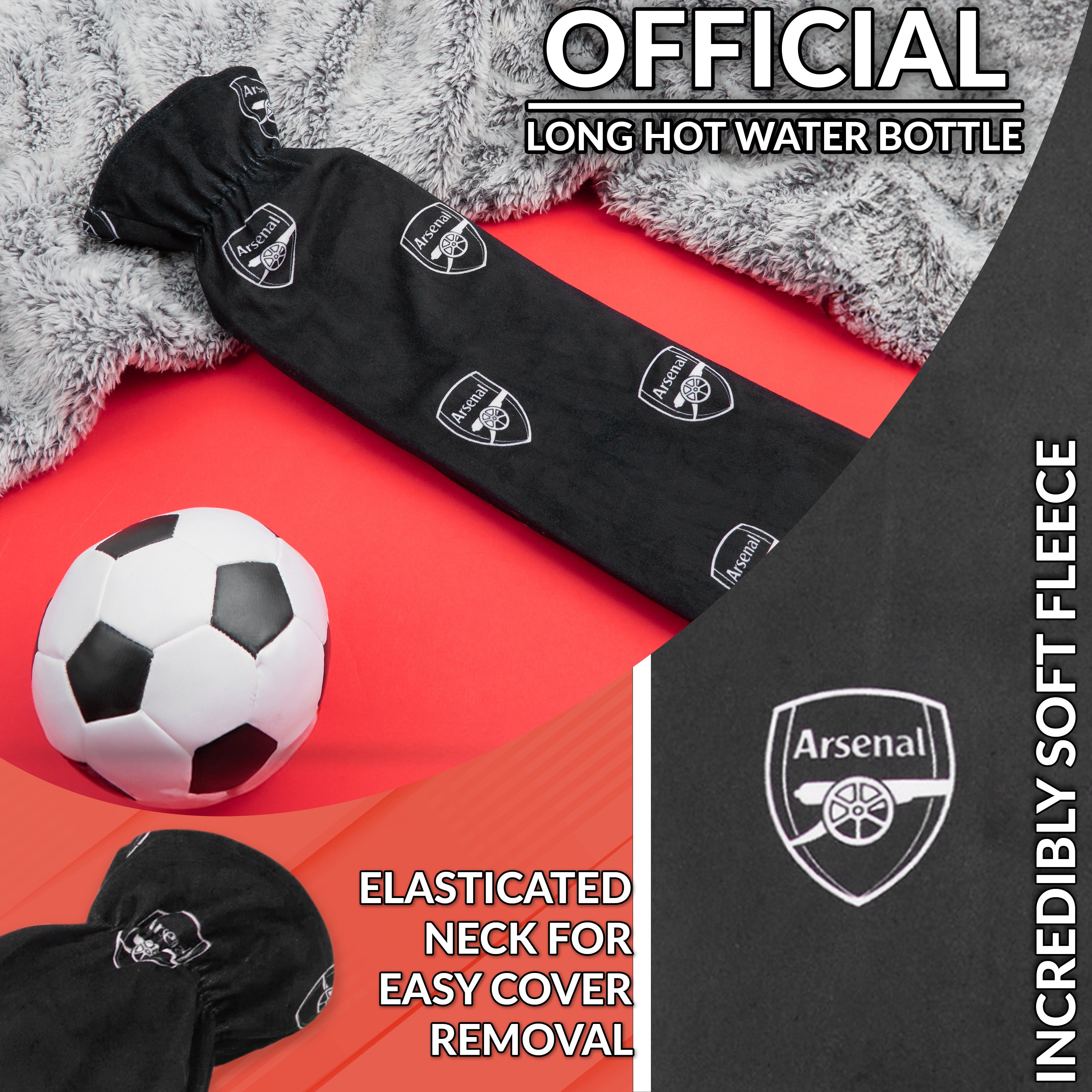Arsenal F.C. Long Hot Water Bottle with Soft Cover 2L - Football Gifts for Him (Black Long) - Get Trend
