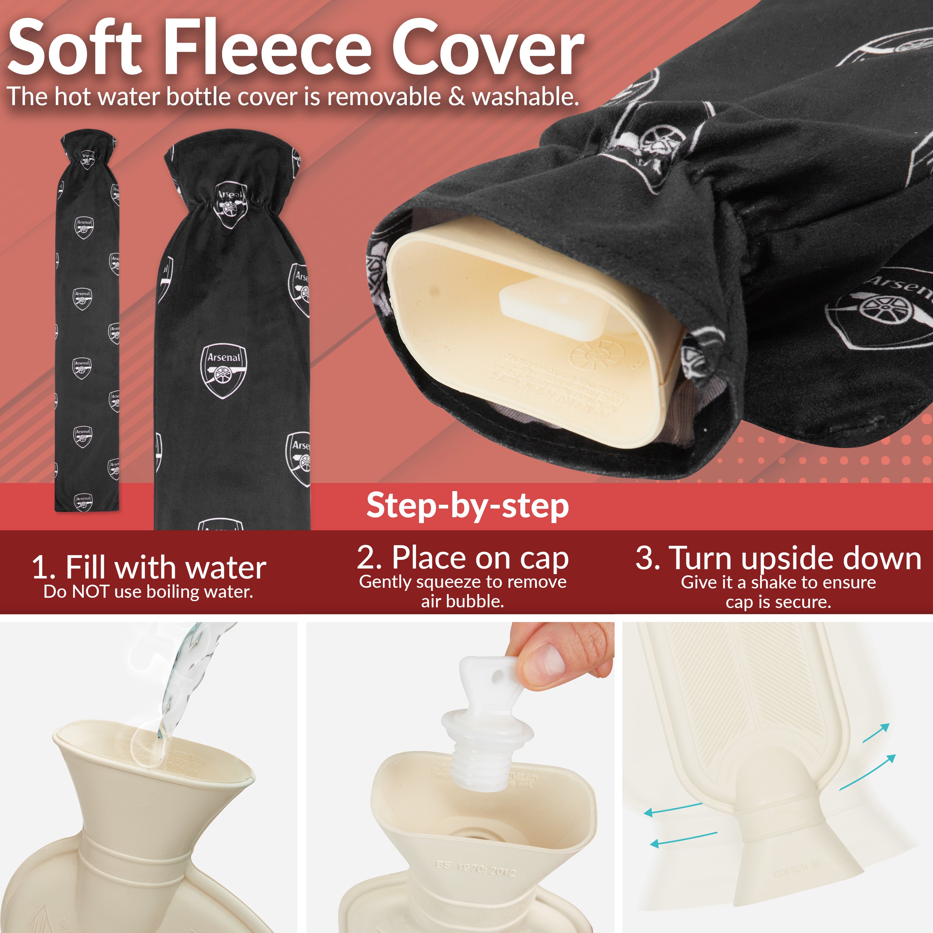 Arsenal F.C. Long Hot Water Bottle with Soft Cover 2L - Football Gifts for Him (Black Long) - Get Trend