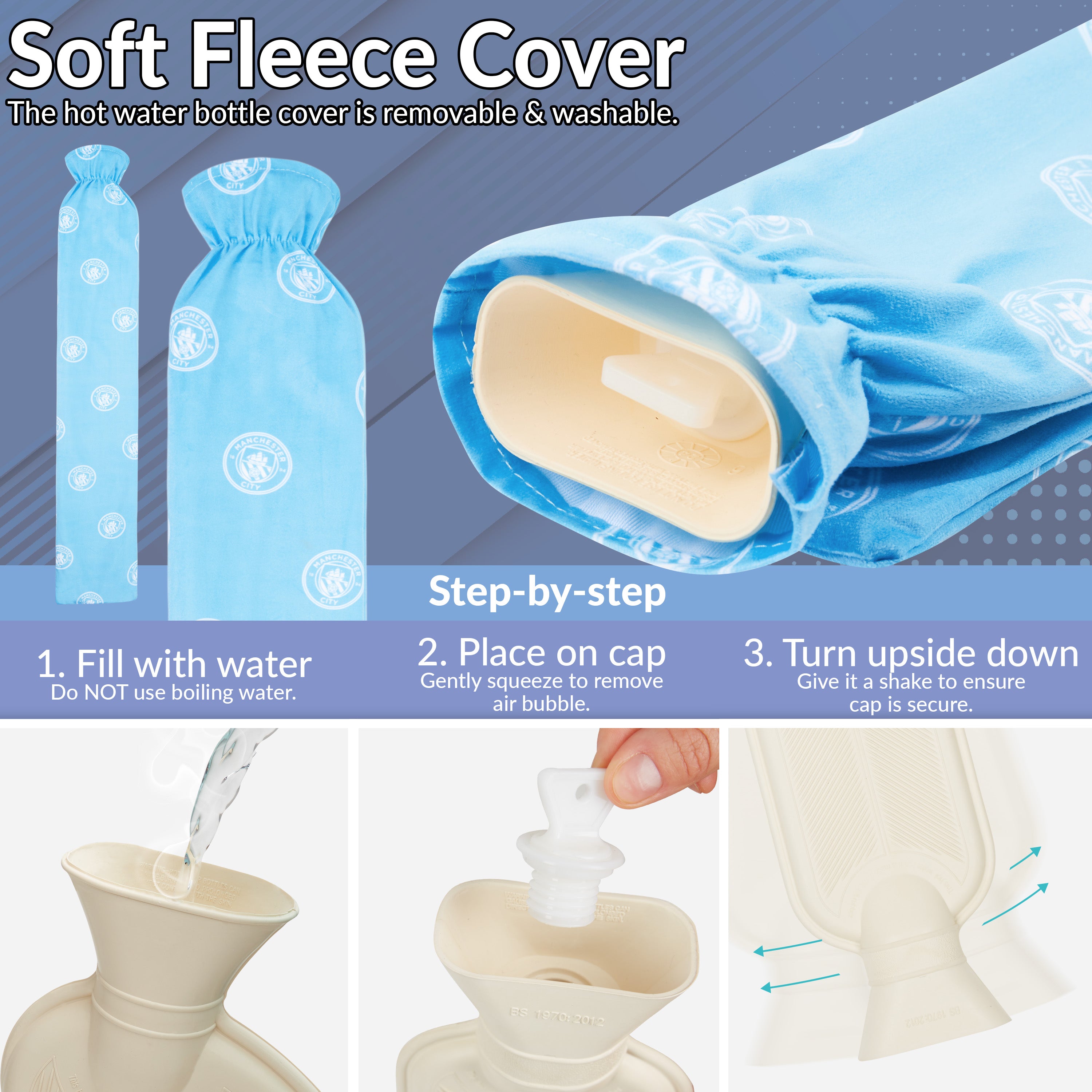 Manchester City F.C. Long Hot Water Bottle with Soft Cover 2L - Gifts for Him (Blue Long) - Get Trend