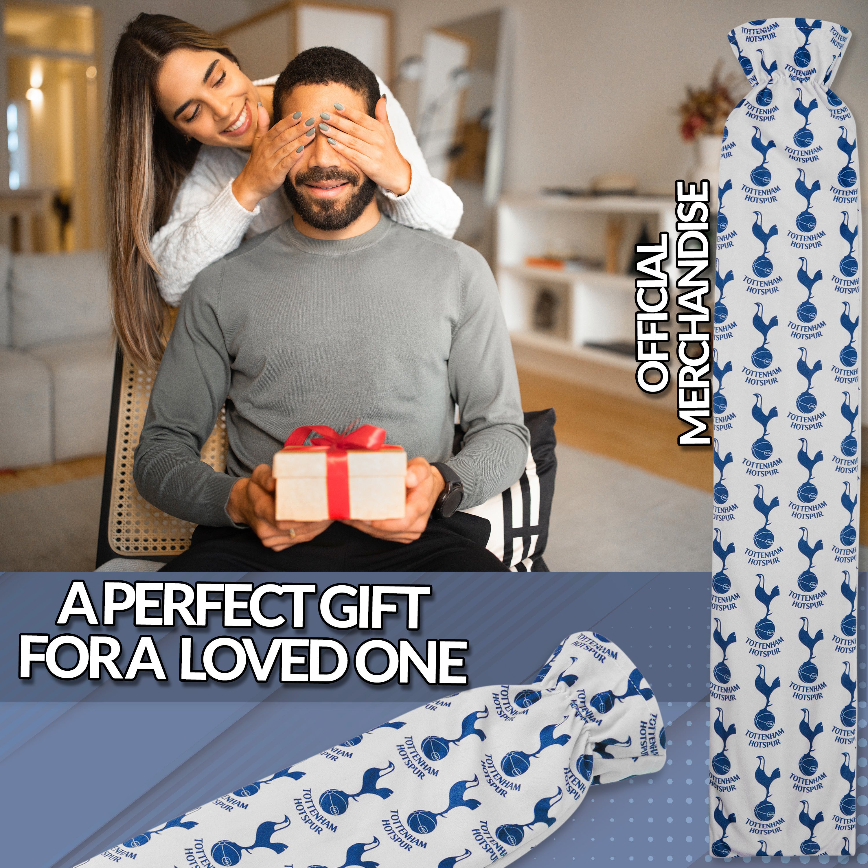 Tottenham Hotspur F.C. Long Hot Water Bottle with Soft Cover 2L - Gifts for Him (White/Navy Long) - Get Trend