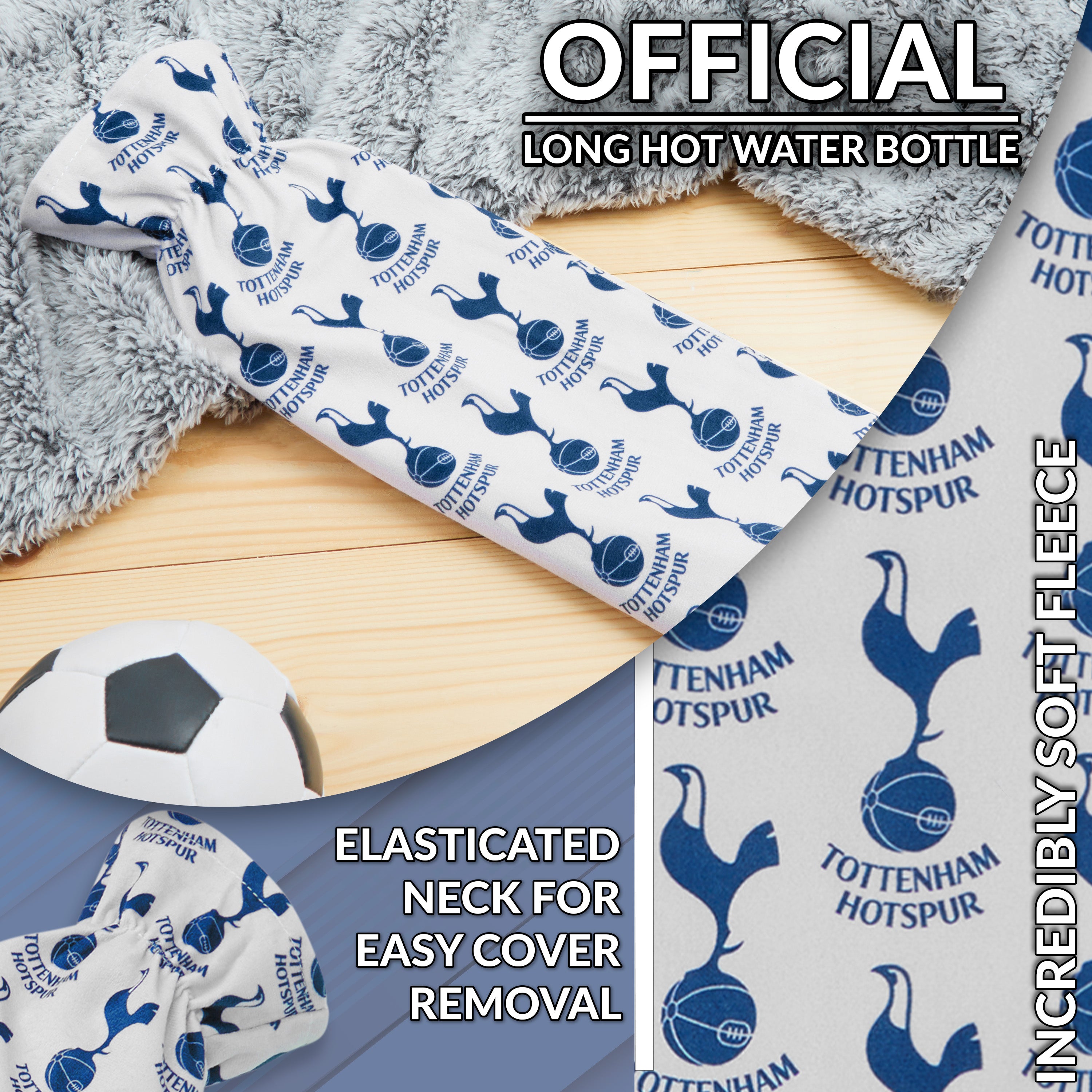 Tottenham Hotspur F.C. Long Hot Water Bottle with Soft Cover 2L - Gifts for Him (White/Navy Long) - Get Trend