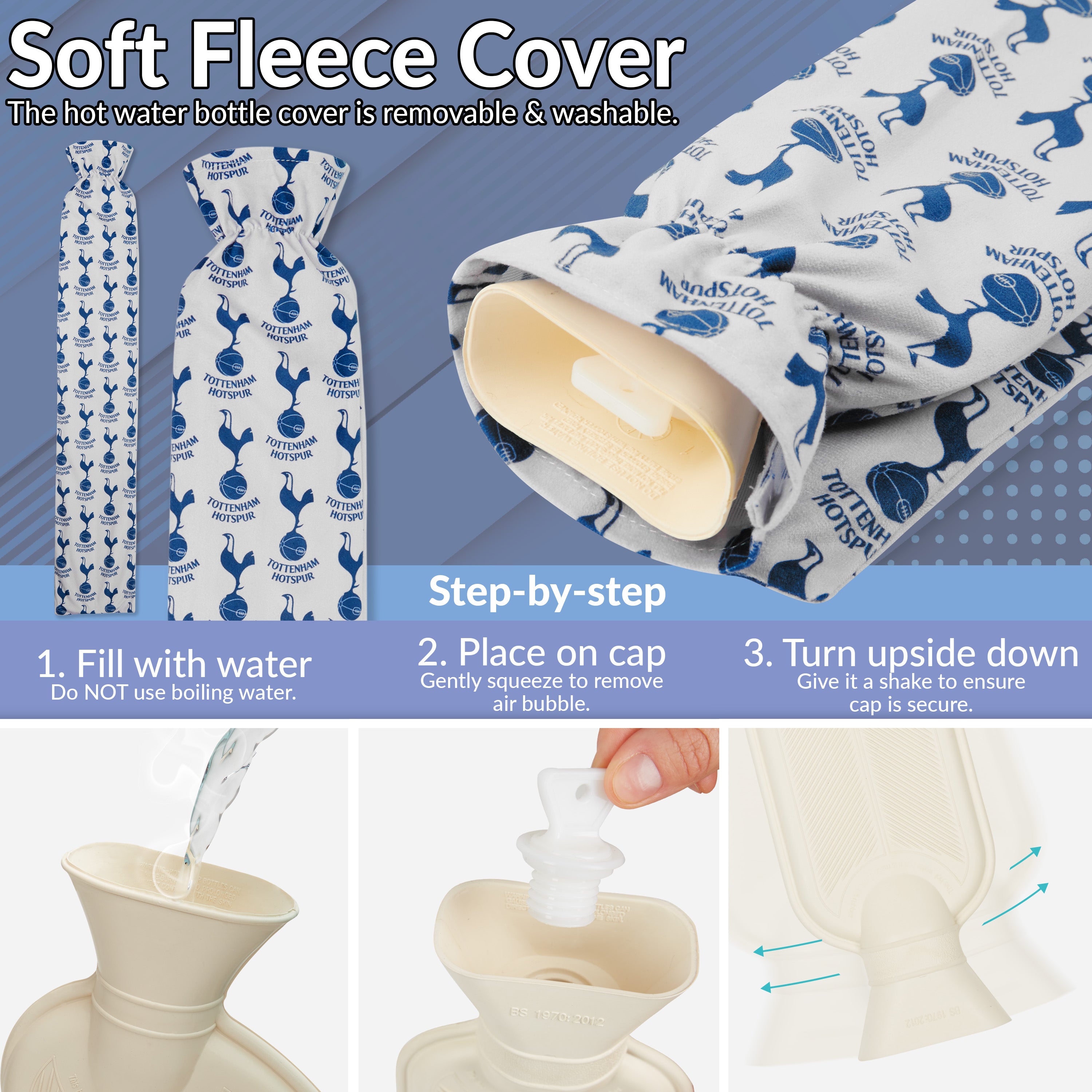 Tottenham Hotspur F.C. Long Hot Water Bottle with Soft Cover 2L - Gifts for Him (White/Navy Long) - Get Trend