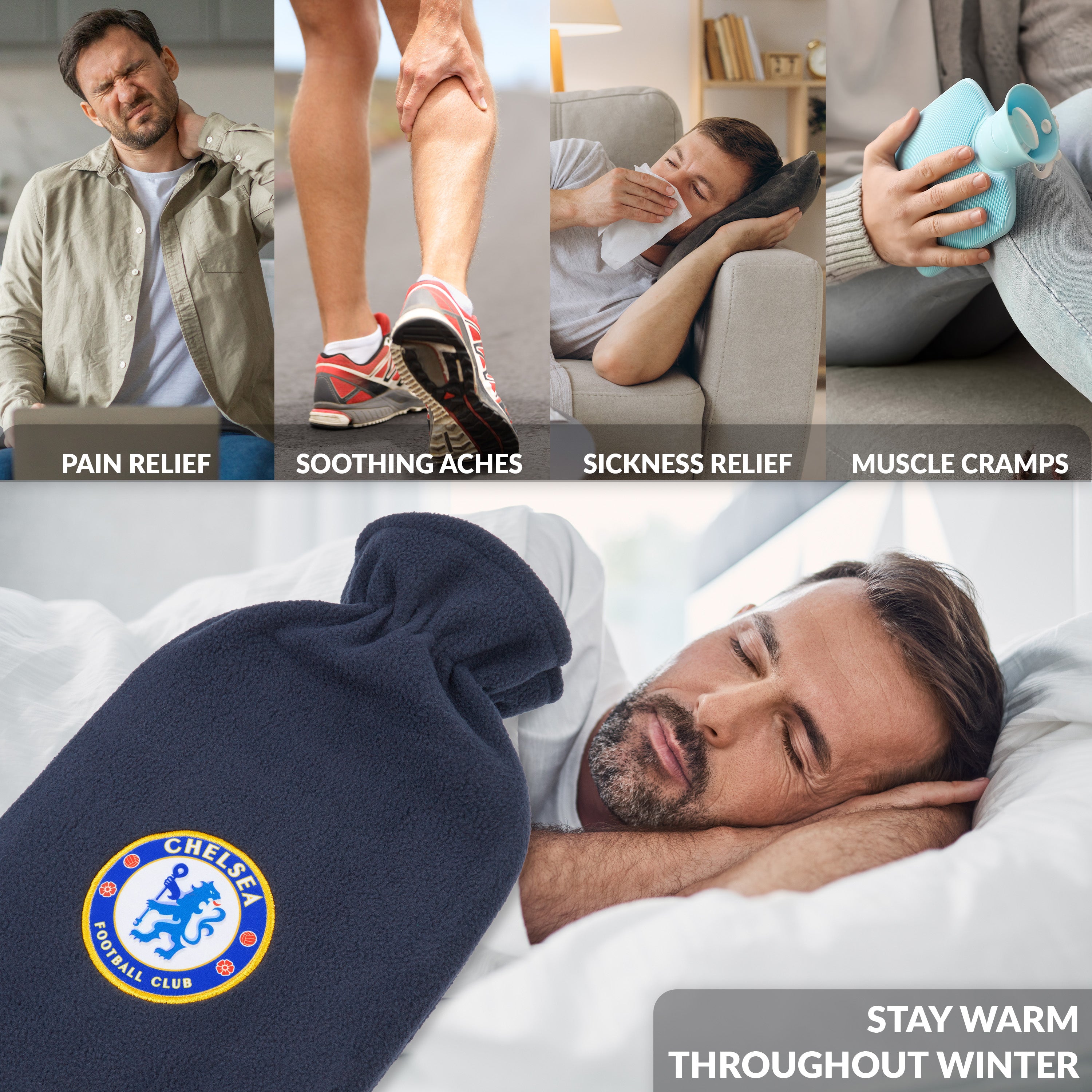 Chelsea F.C. Hot Water Bottle with Soft Cover 1.8L - Football Gifts for Him (Navy) - Get Trend