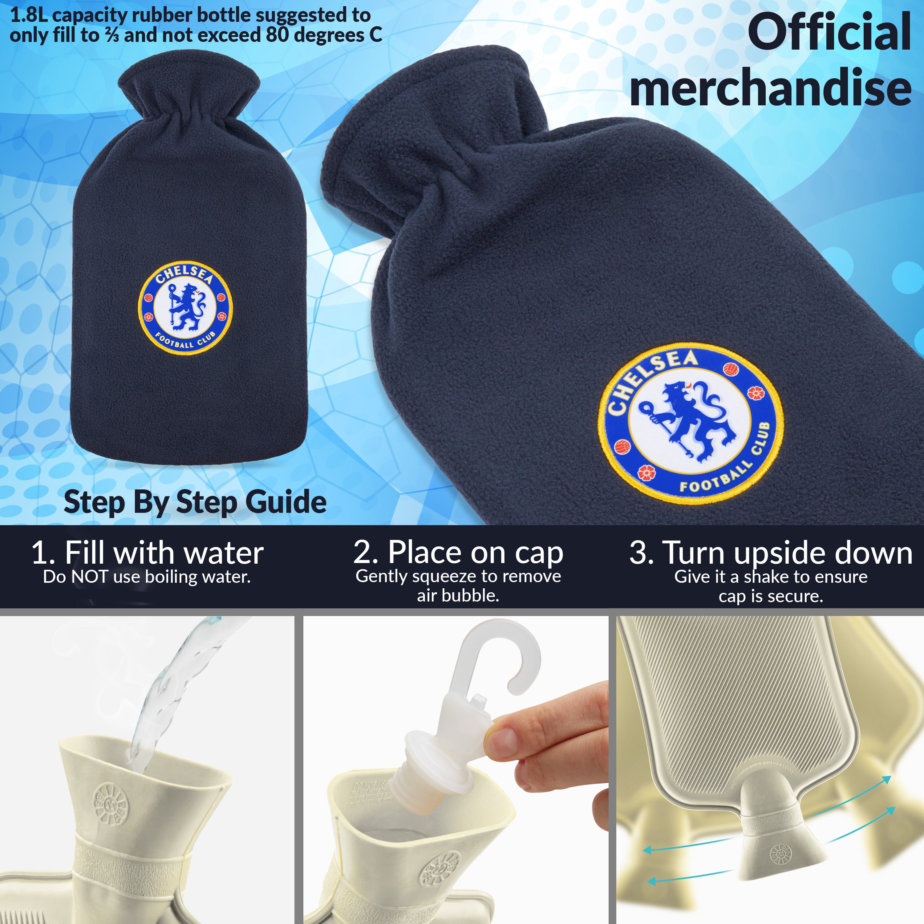 Chelsea F.C. Hot Water Bottle with Soft Cover 1.8L - Football Gifts for Him (Navy) - Get Trend