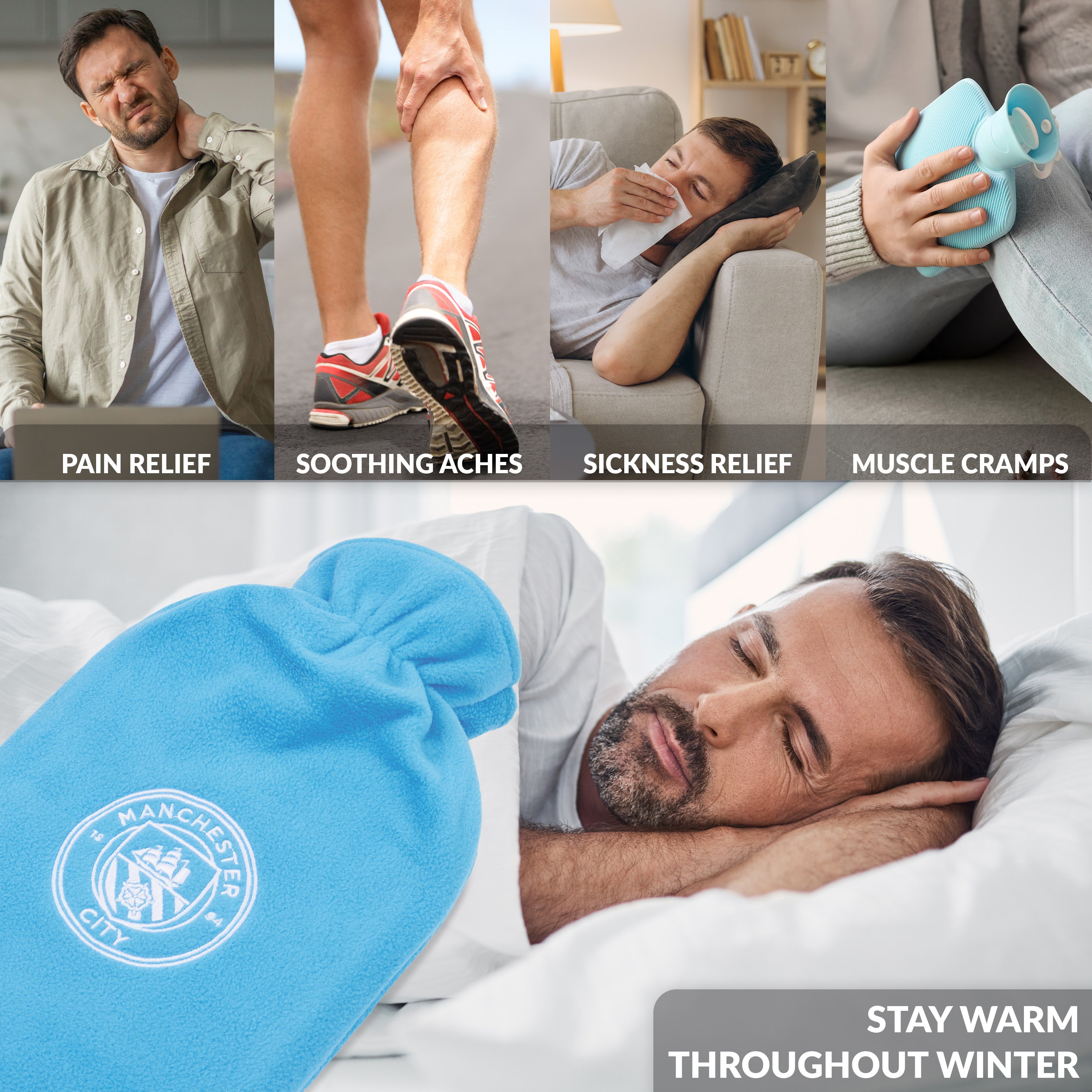 Manchester City F.C. Hot Water Bottle with Soft Cover 1.8L - Gifts for Him (Blue) - Get Trend