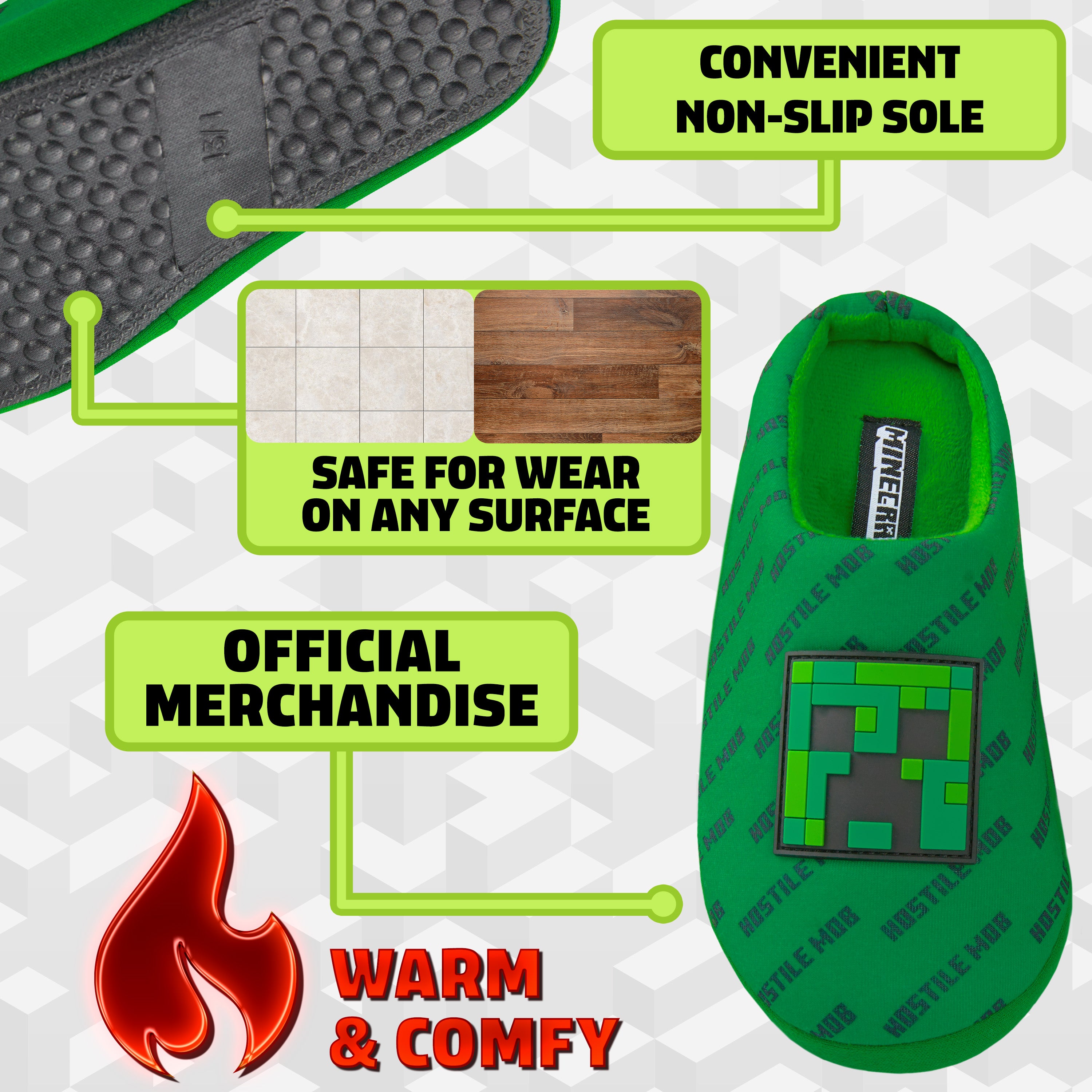 Minecraft Boys Slippers, Cosy Creeper Indoor House Shoes - Gamer Gifts for Boys - Get Trend