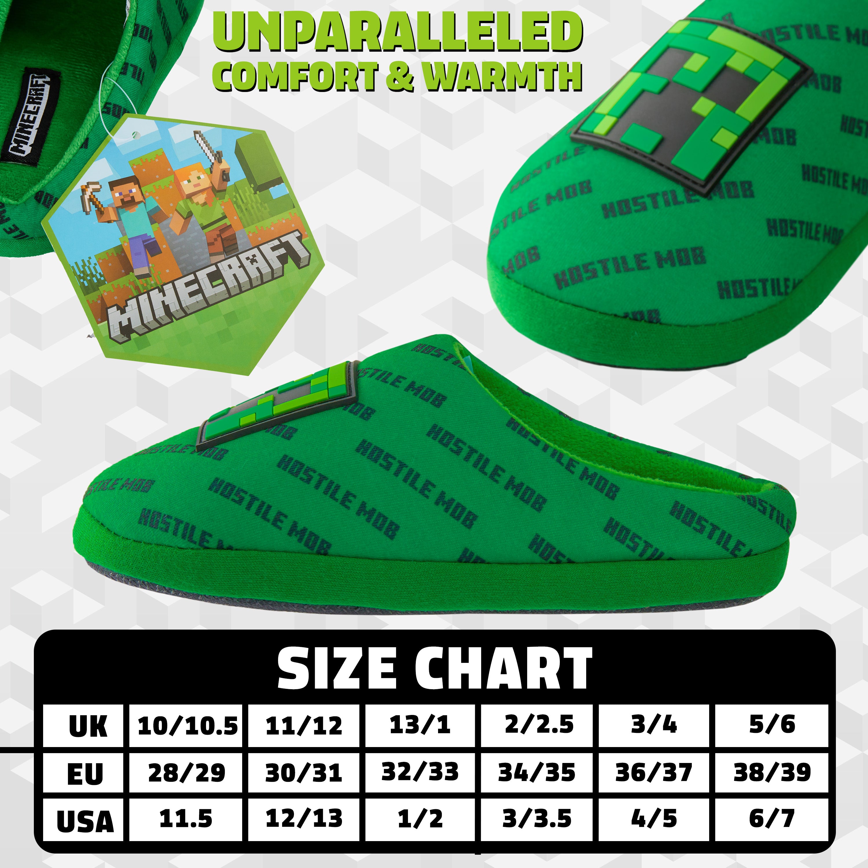 Minecraft Boys Slippers, Cosy Creeper Indoor House Shoes - Gamer Gifts for Boys - Get Trend