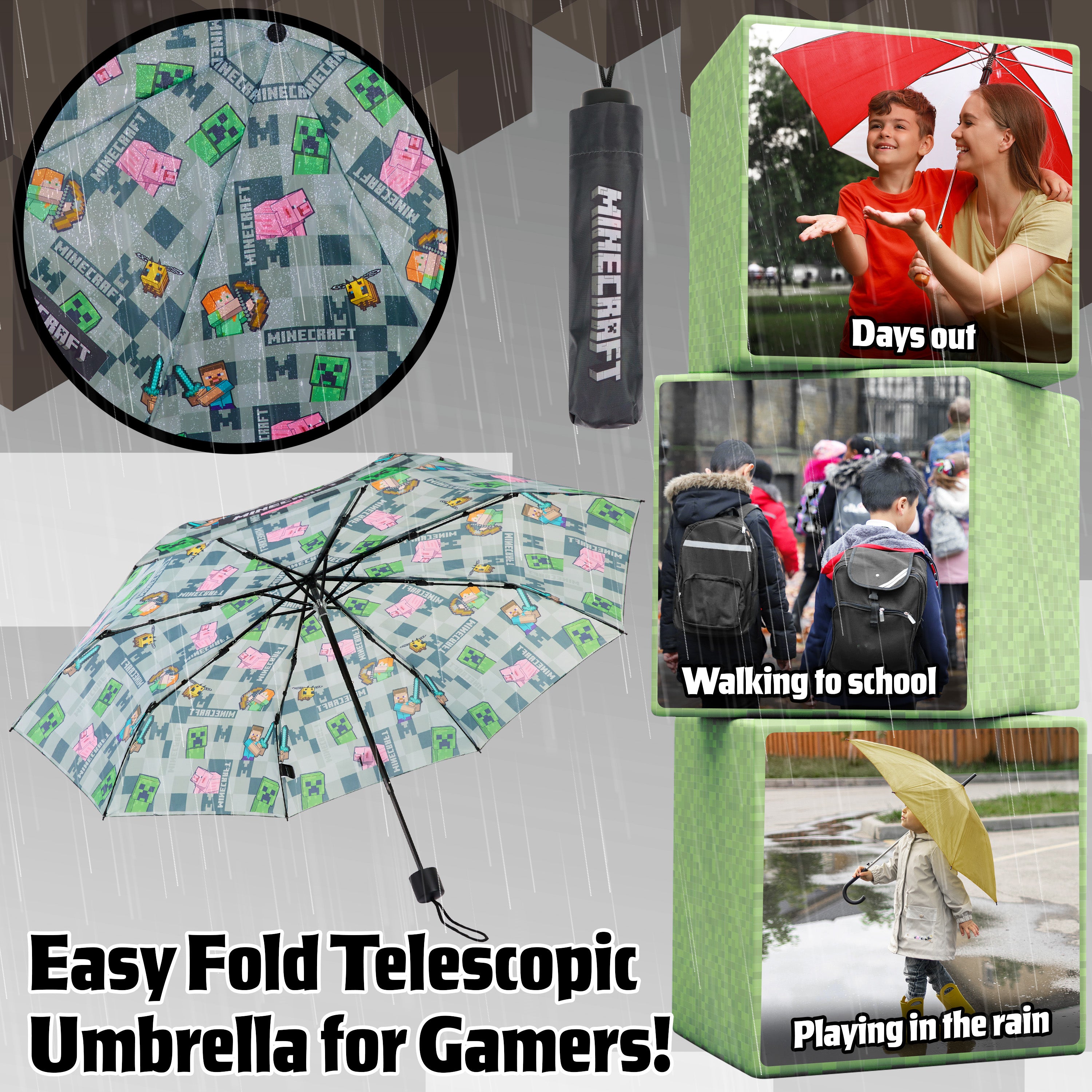 Minecraft Telescopic Umbrella - Folding Umbrella Lightweight for Travel School - Get Trend