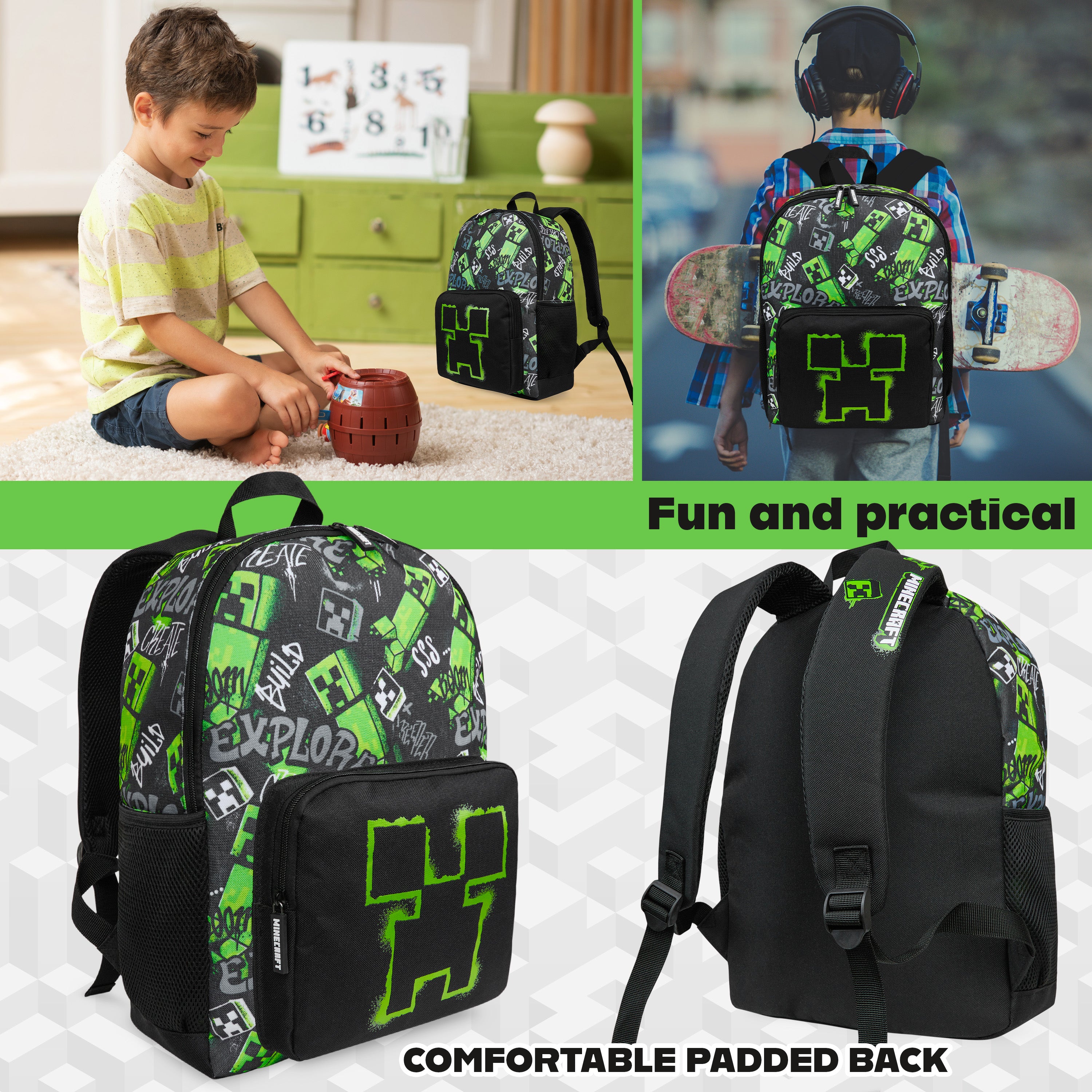 Minecraft Children’s Backpacks for Boys Creeper Rucksack School Bag with Zipped Pockets Adjustable Straps Kids Backpack Travel Sports Gamer Gifts for Boys - Get Trend
