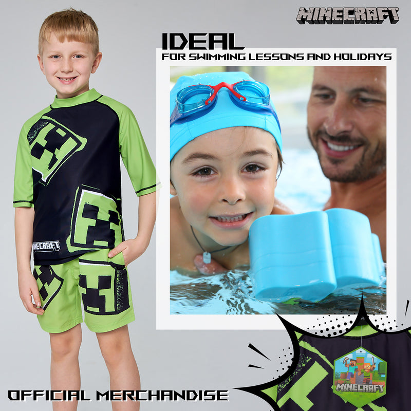 Minecraft Boys 2 Piece Swimwear Set, Swimming Top and Boys Swim Trunks - Light Green/Black - Get Trend