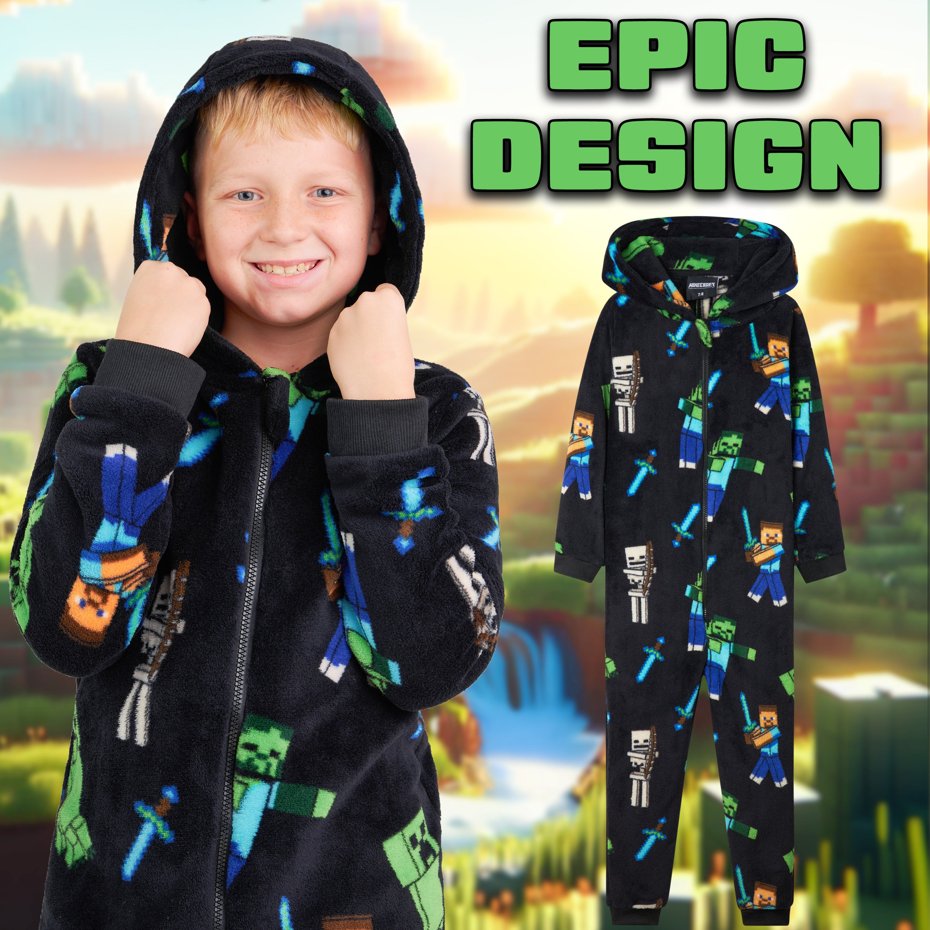 Minecraft Boys Fleece Onesie, Hooded Onesie Pyjamas - Gifts for Gamers - Get Trend